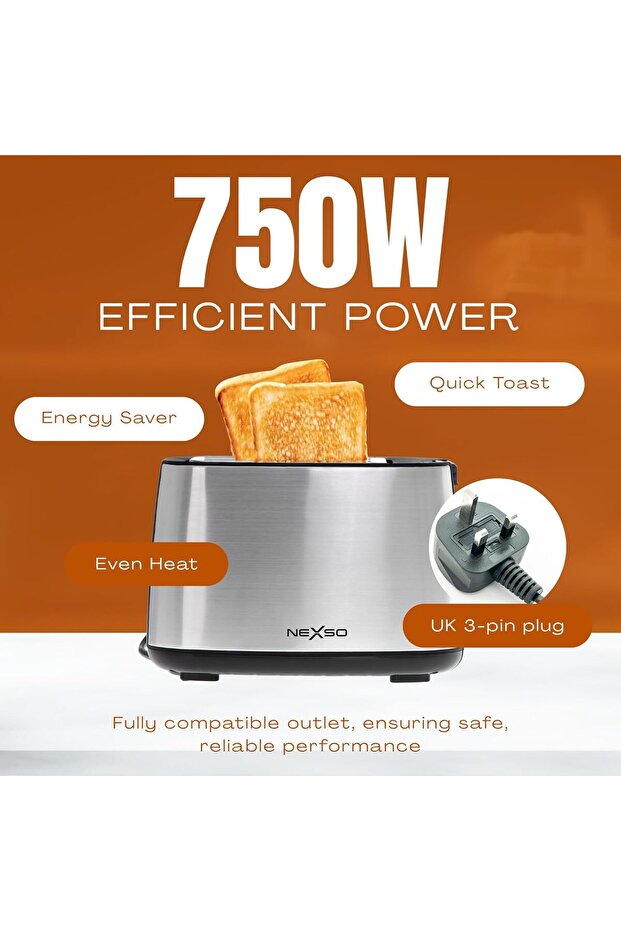NEXSO 2 Slice Bread Toaster 750W - 7 Browning Levels, Reheat/Defrost/Cancel, Automatic Pop-Up