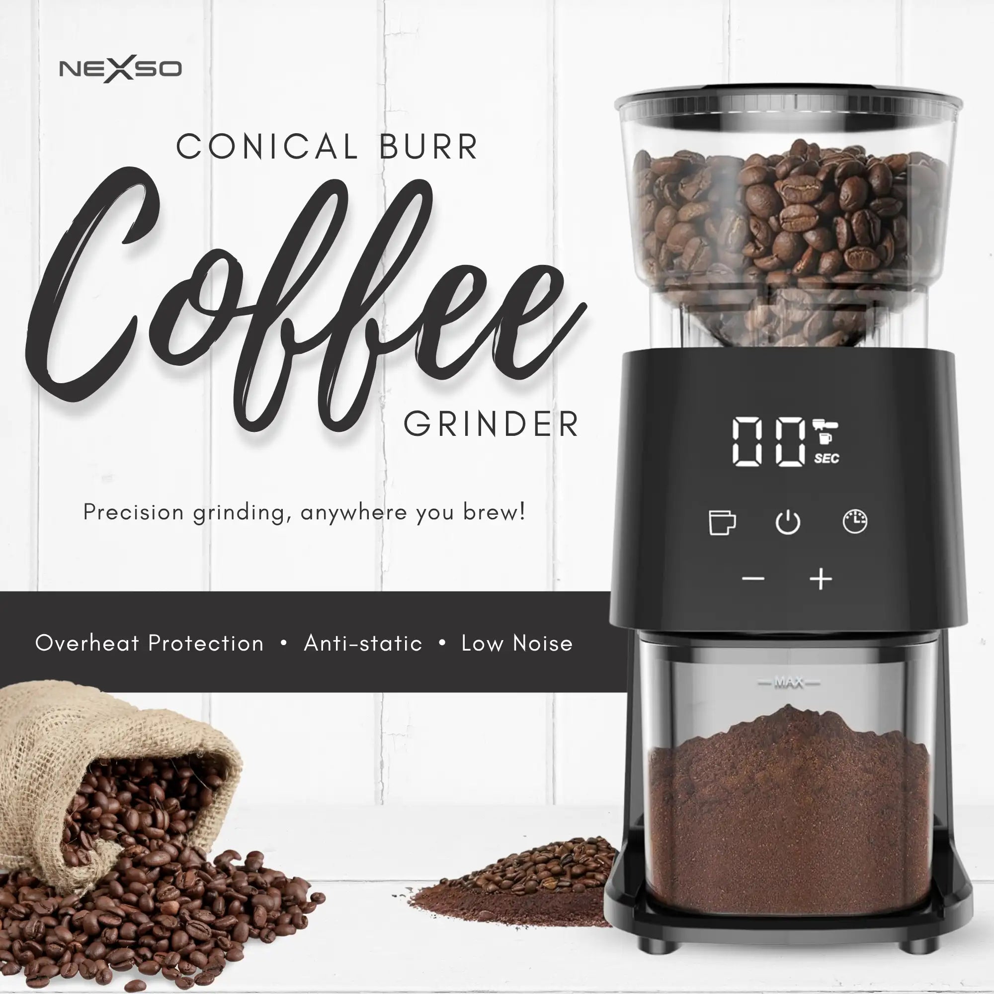 Electric Coffee Grinder – 150W motor, 11 grind settings, 130g capacity, stainless steel blades.
