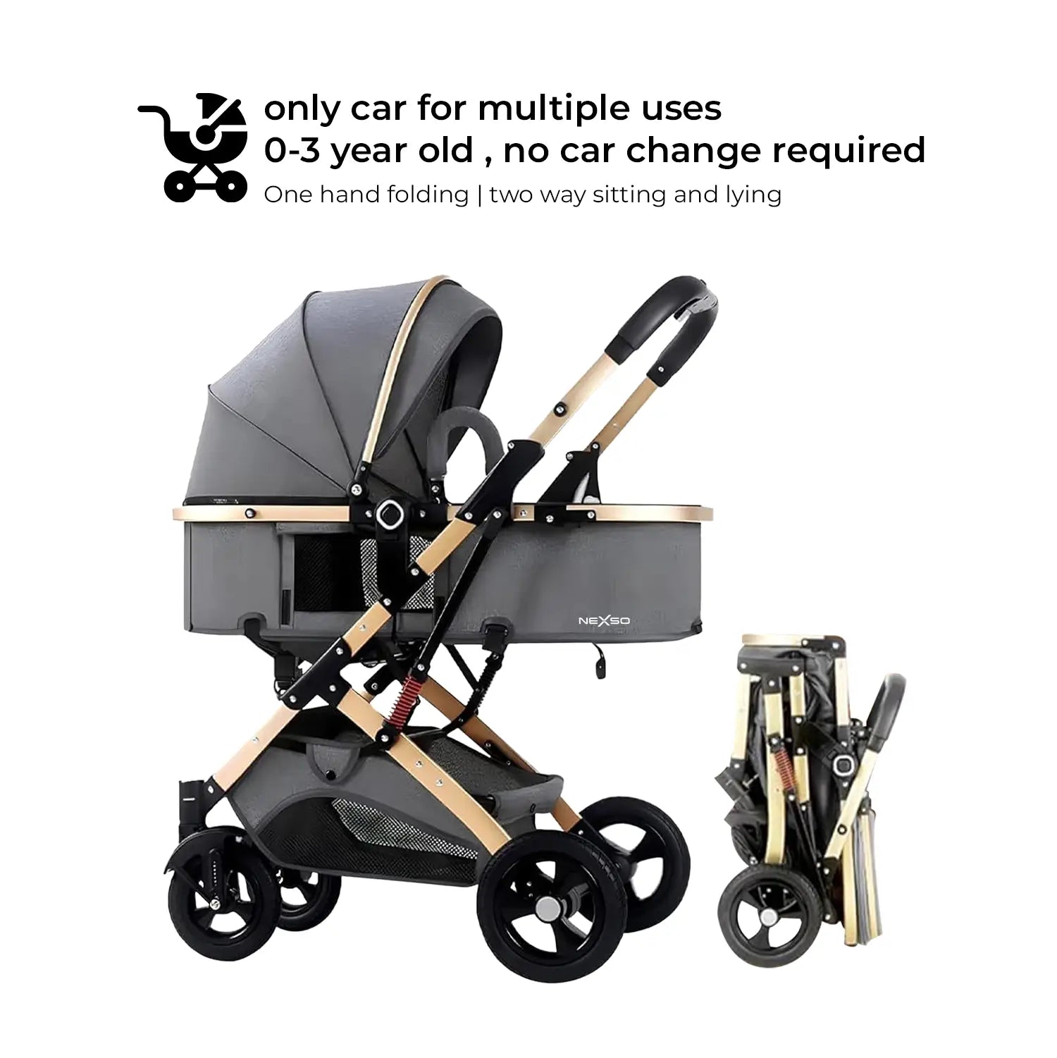 Nexso 2-in-1 Baby Stroller Gray Reversible Foldable