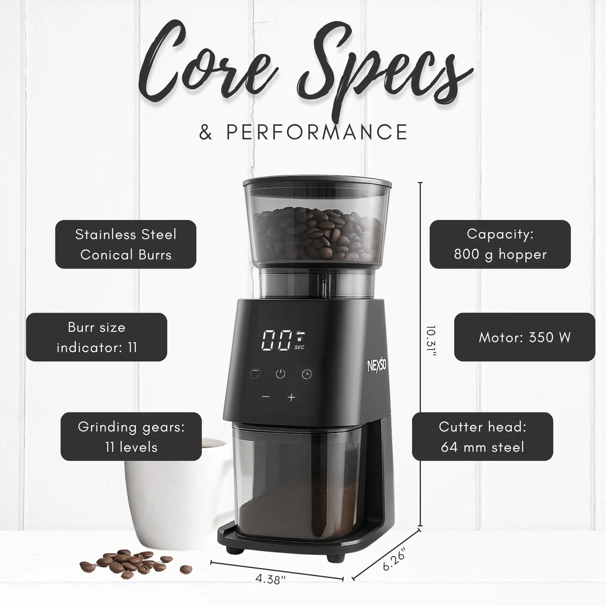 Electric Coffee Grinder – 150W motor, 11 grind settings, 130g capacity, stainless steel blades.