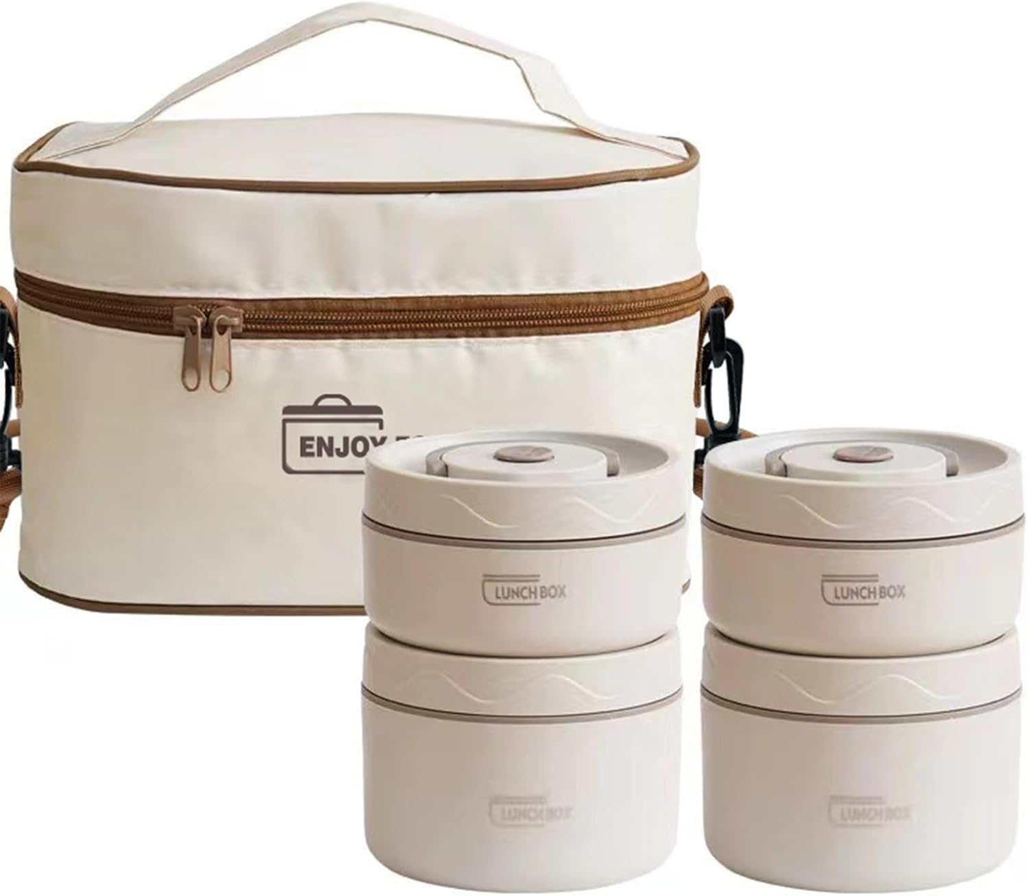 TDOO Microwavable Thermal Lunch Box, Portable Insulated Lunch Containers With Bag, Leakproof Stackable Stainless Steel Food Container For Adults, Kids, Set of 3 Tier Insulated Bento Boxes (beige-c-ae)