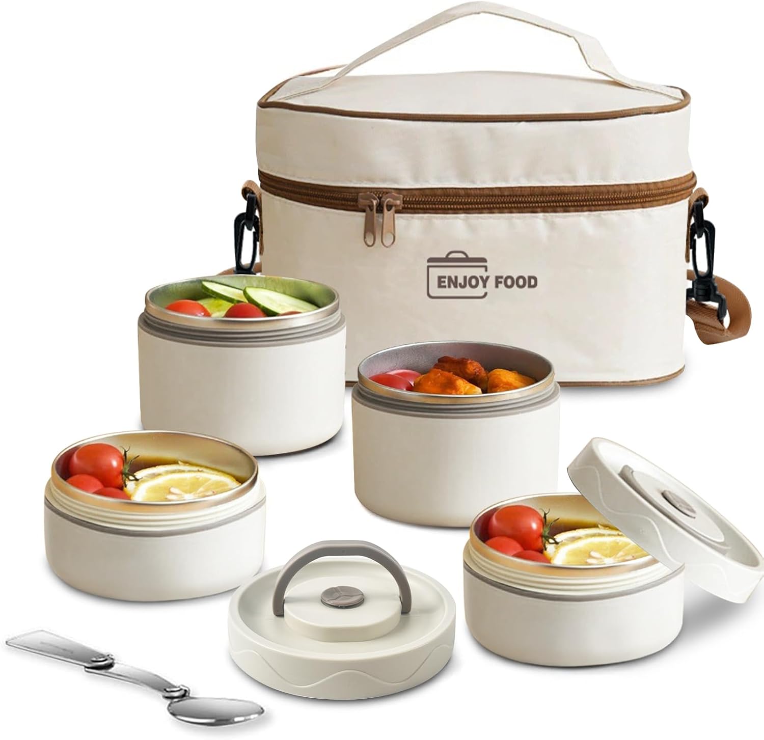 TDOO Microwavable Thermal Lunch Box, Portable Insulated Lunch Containers With Bag, Leakproof Stackable Stainless Steel Food Container For Adults, Kids, Set of 3 Tier Insulated Bento Boxes (beige-c-ae)