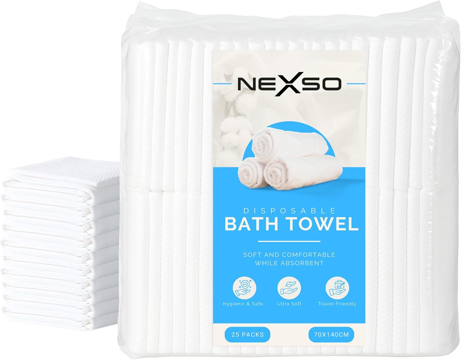NEXSO Disposable Bath Towels 25 Pack – Ultra Soft, Super Absorbent & Quick Dry Single-Use Towels for Travel, Hotels, Gym, Spa & Home | Eco-Friendly & Skin Safe | 70x140cm