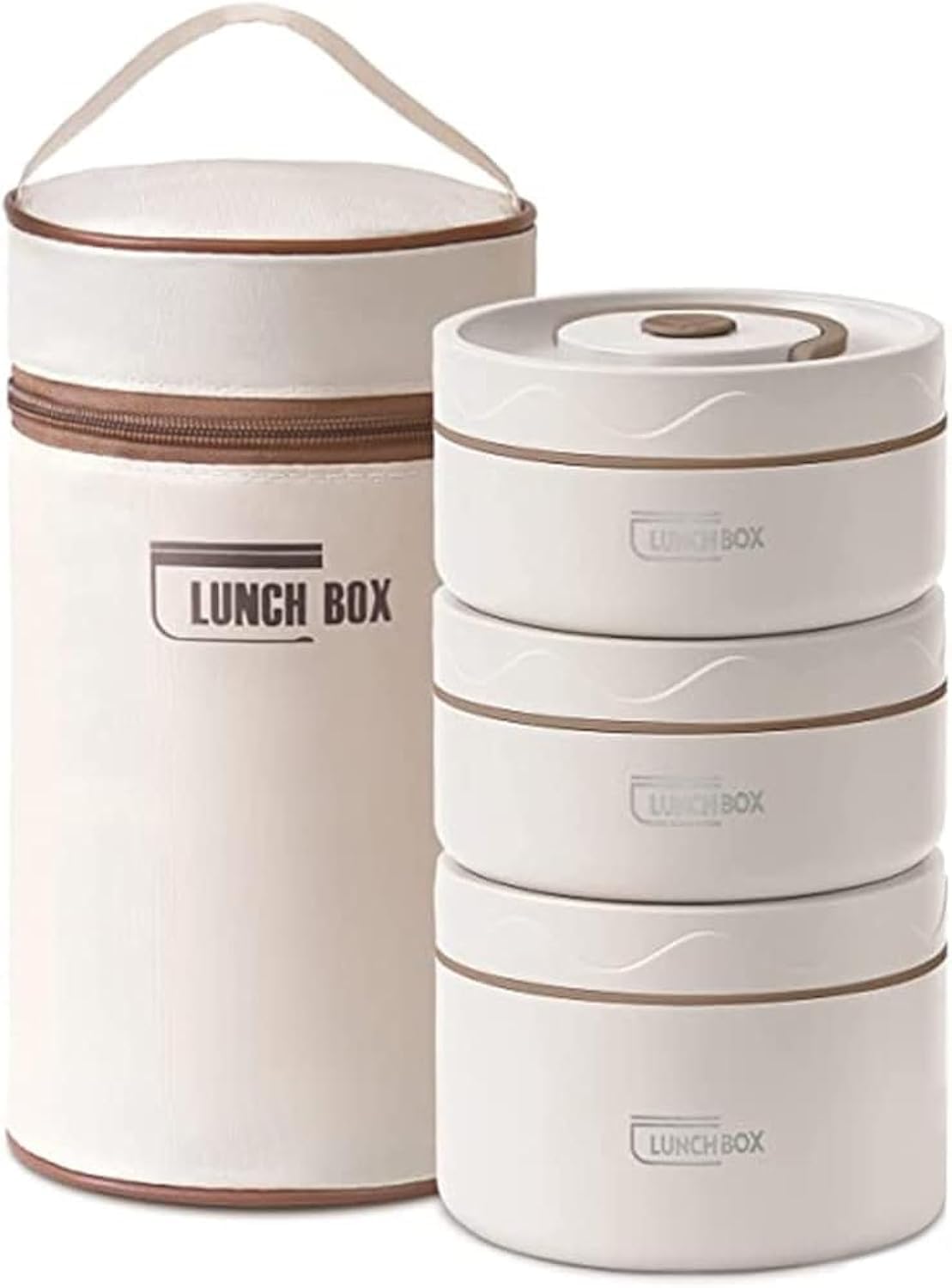 TDOO Microwavable Thermal Lunch Box, Portable Insulated Lunch Containers With Bag, Leakproof Stackable Stainless Steel Food Container For Adults, Kids, Set of 3 Tier Insulated Bento Boxes (beige-c-ae)