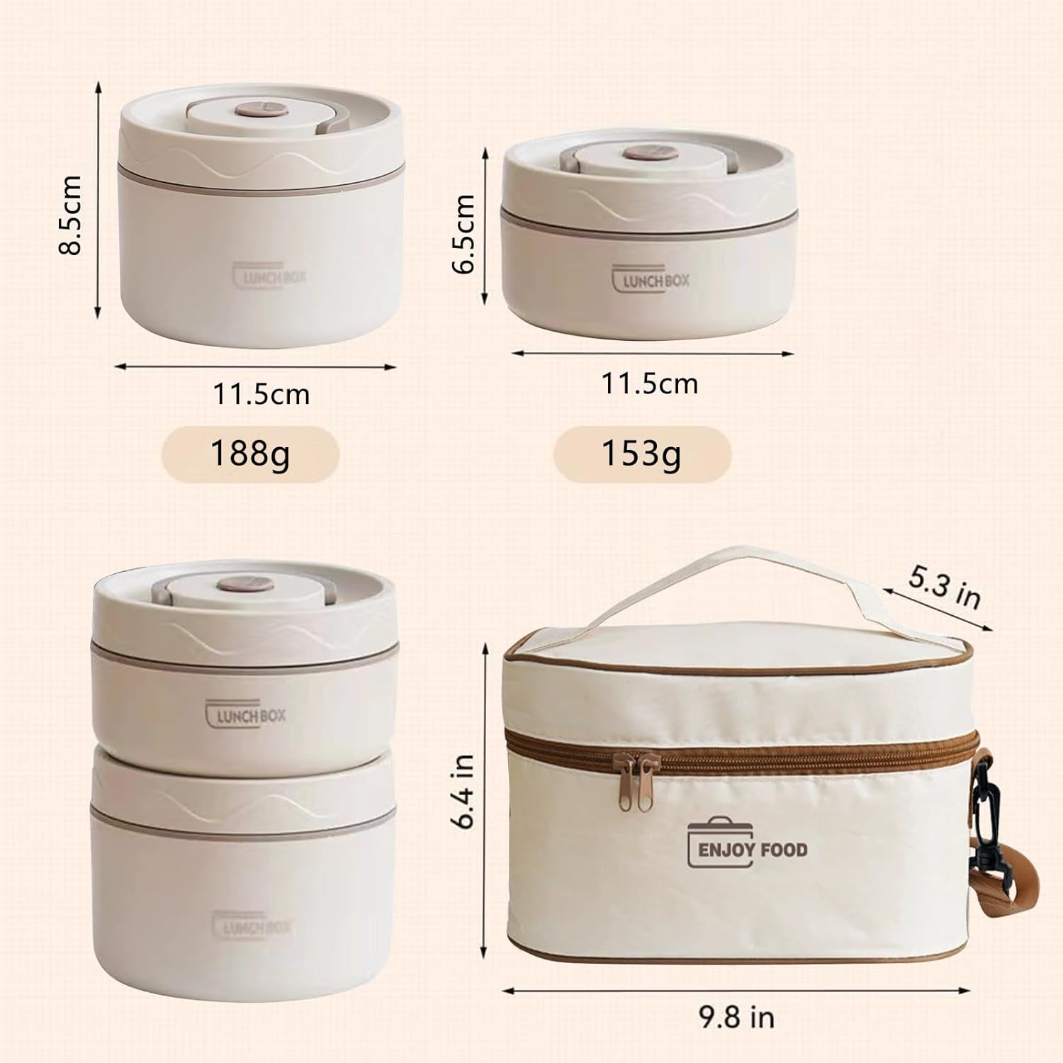 TDOO Microwavable Thermal Lunch Box, Portable Insulated Lunch Containers With Bag, Leakproof Stackable Stainless Steel Food Container For Adults, Kids, Set of 3 Tier Insulated Bento Boxes (beige-c-ae)
