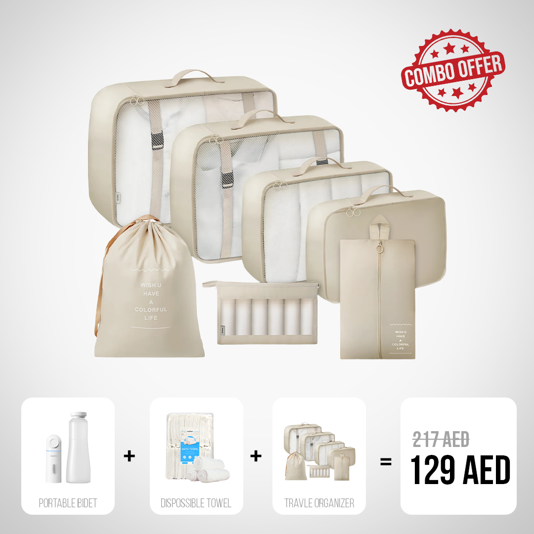 Travel Bundle#2 (Portable Bidet + Disposable Bath Towels + Travel Organizer Beige)