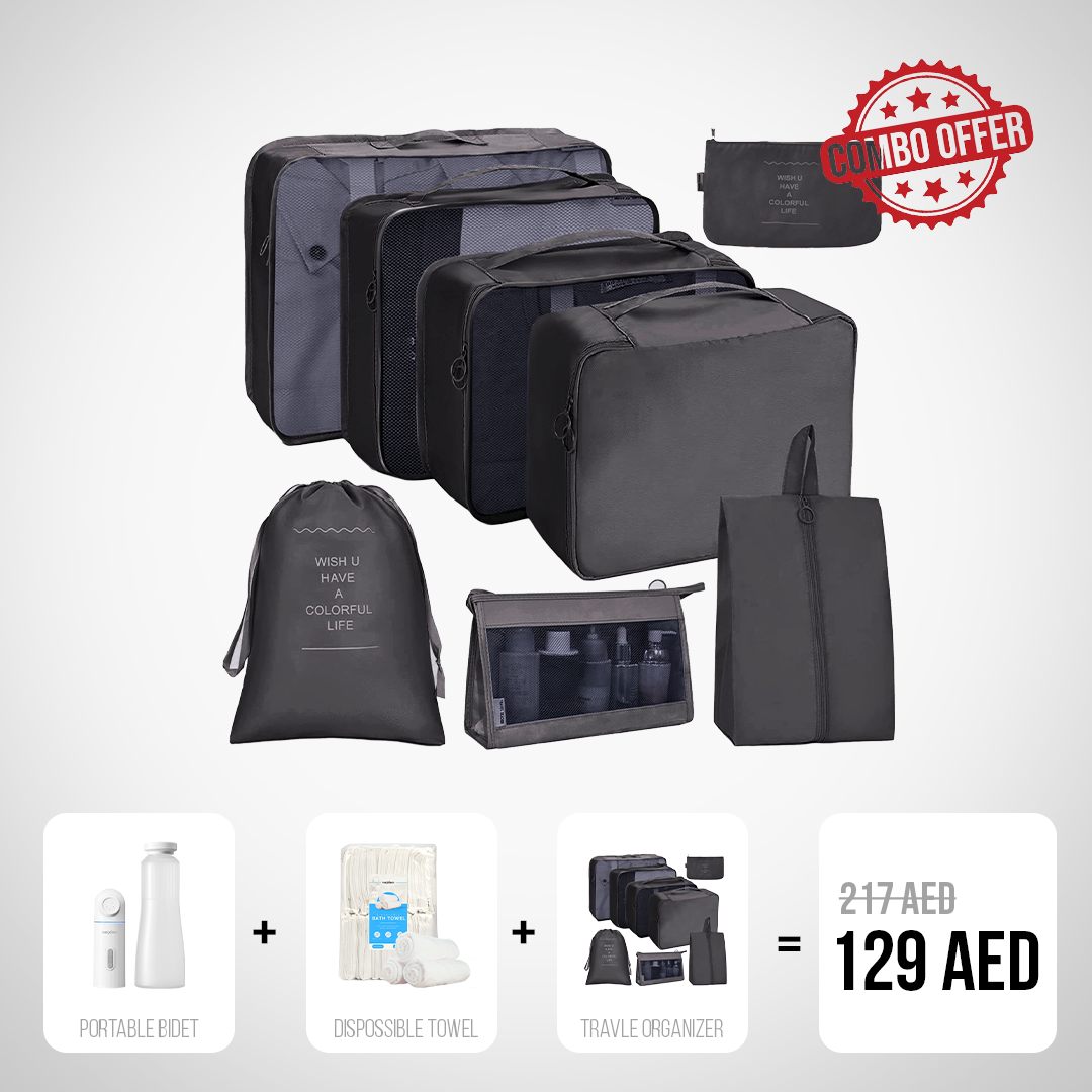 NEXSO Travel Bundle (Portable Bidet + Disposable Bath Towels + Travel Organizer Black)