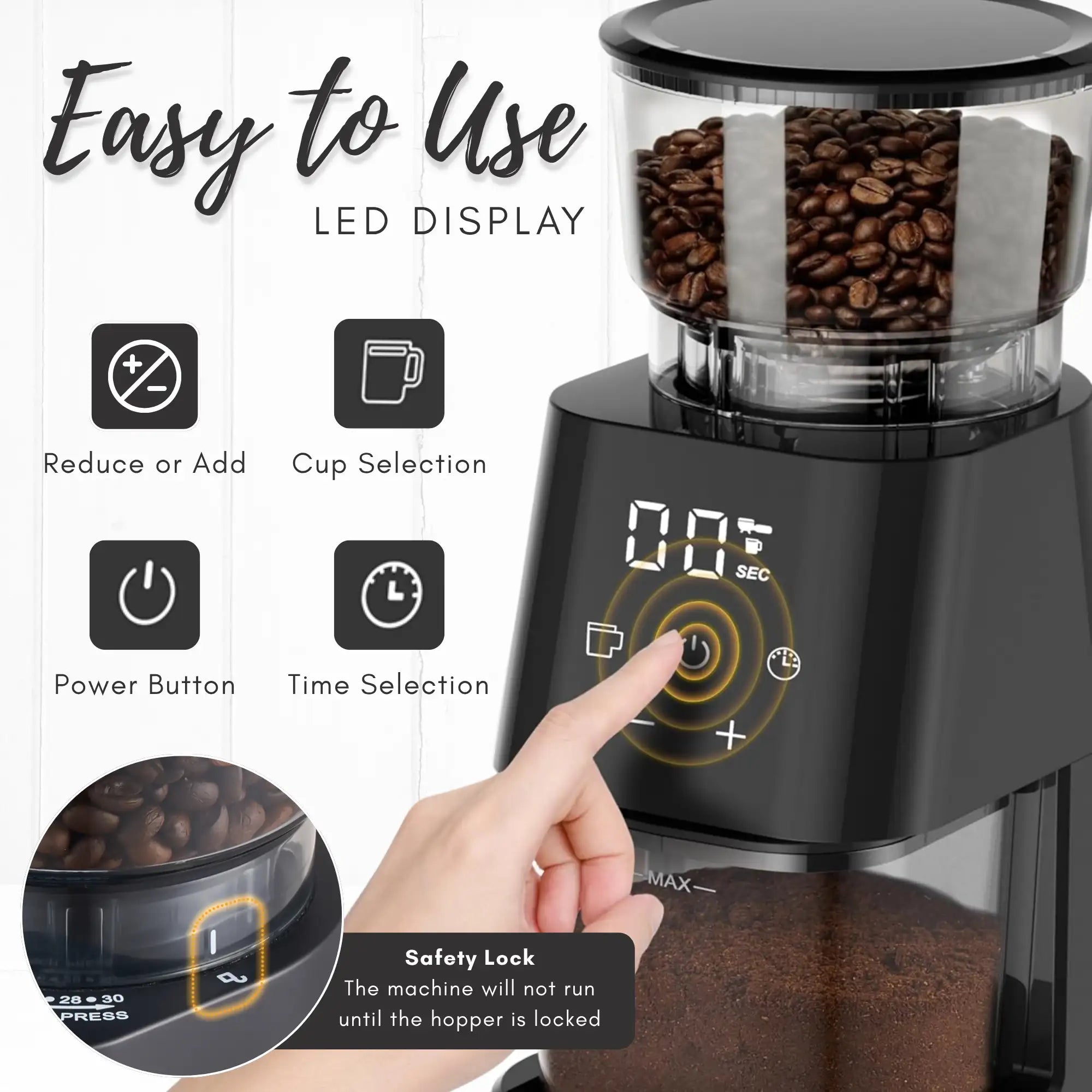 Electric Coffee Grinder – 150W motor, 11 grind settings, 130g capacity, stainless steel blades.