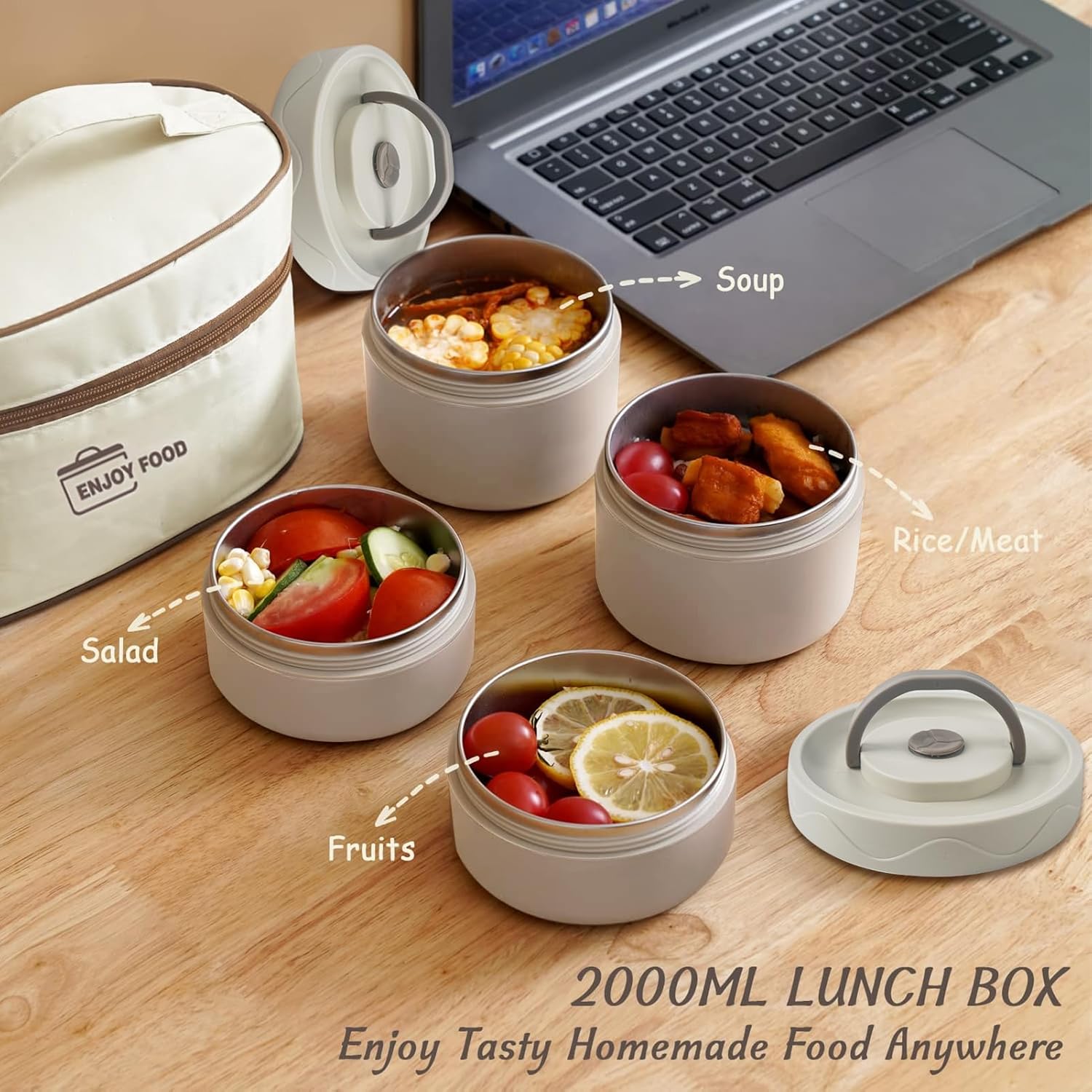 TDOO Microwavable Thermal Lunch Box, Portable Insulated Lunch Containers With Bag, Leakproof Stackable Stainless Steel Food Container For Adults, Kids, Set of 3 Tier Insulated Bento Boxes (beige-c-ae)