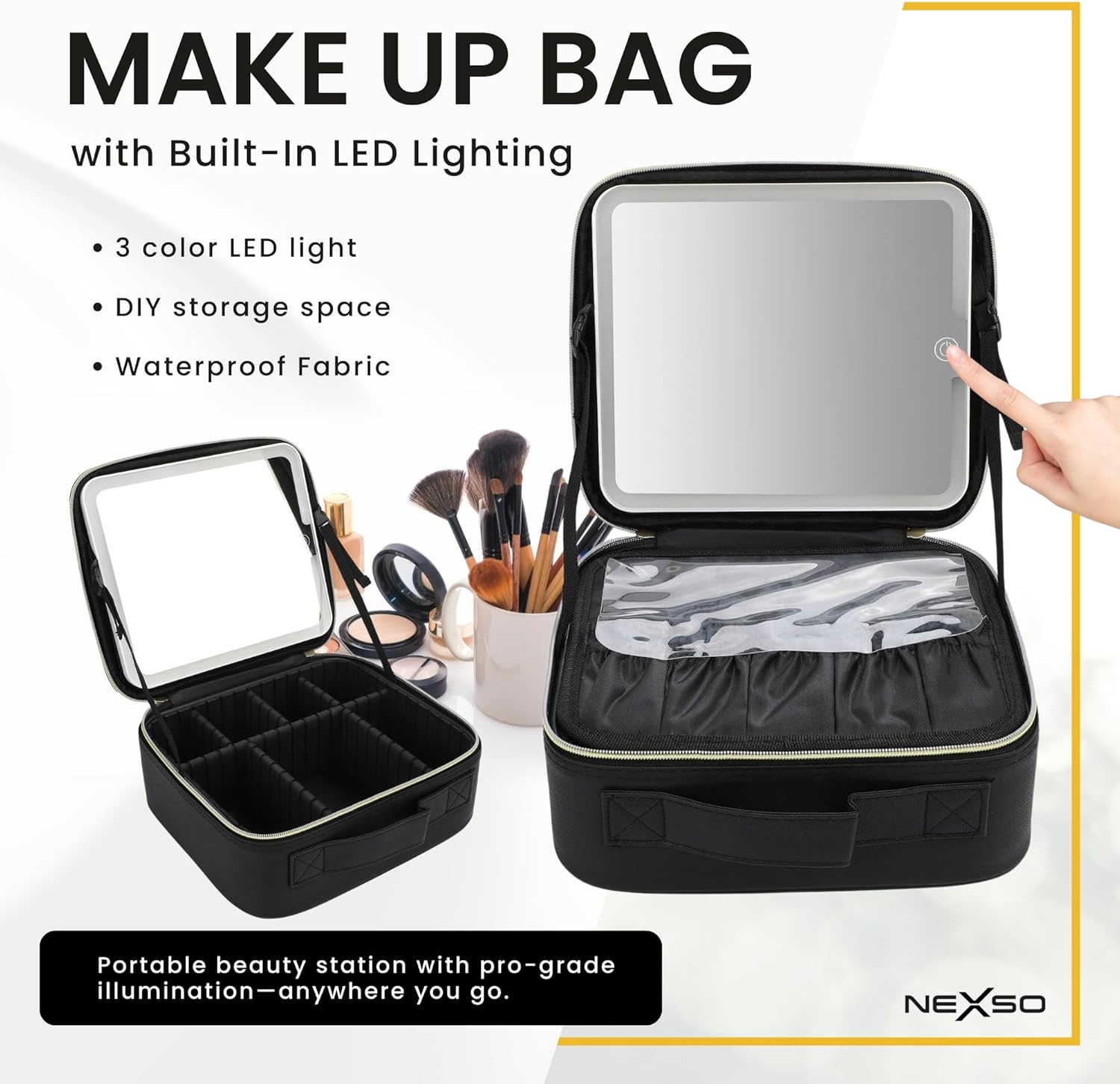 NEXSO Black Makeup Bag – LED Mirror Cosmetic Organizer
