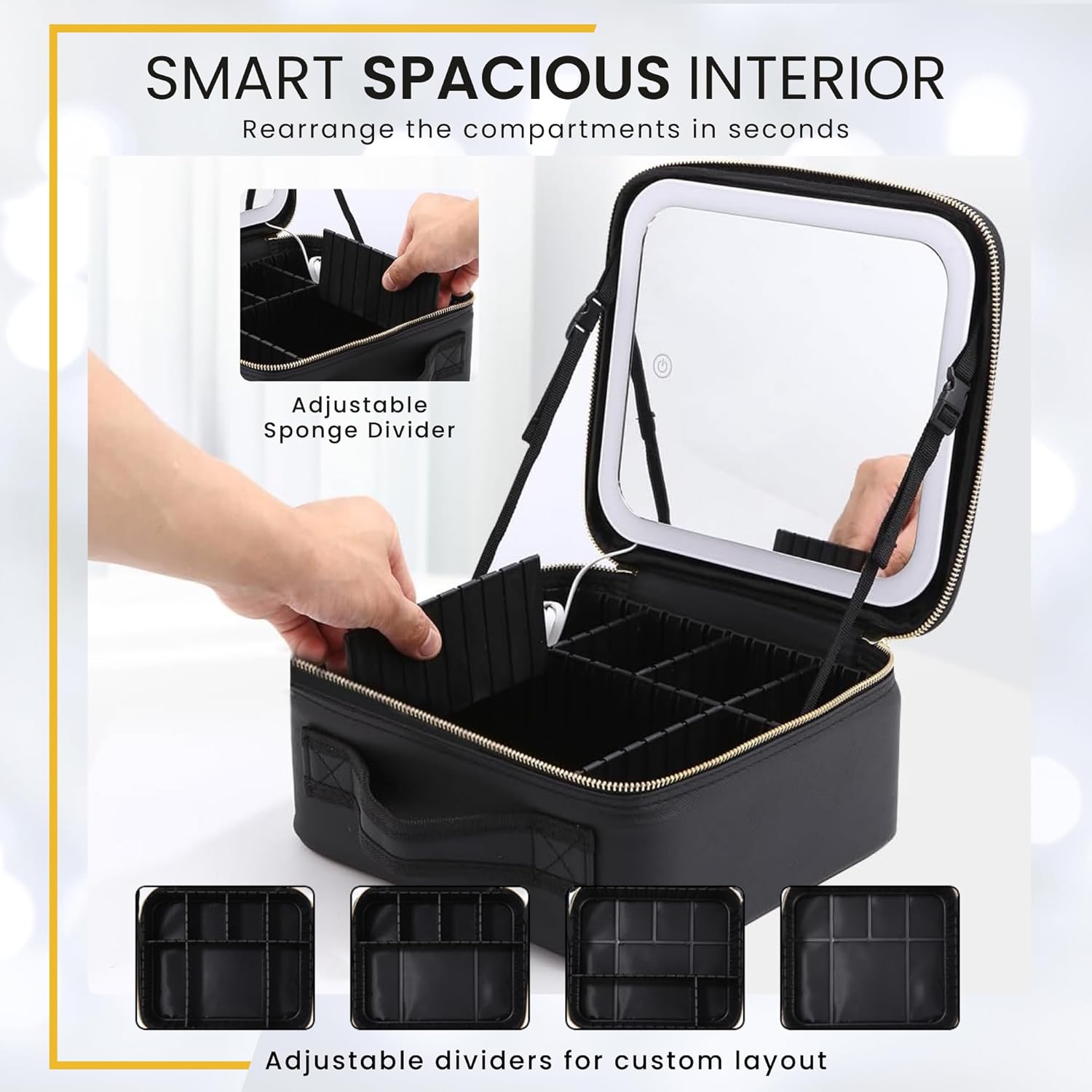 NEXSO Black Makeup Bag – LED Mirror Cosmetic Organizer