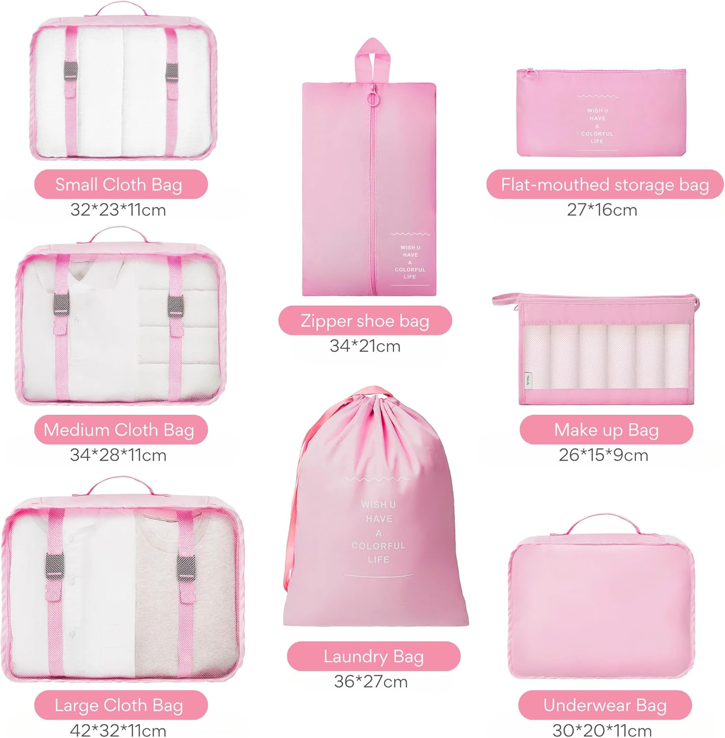 NEXSO Pink Travel Organizer 8-Piece Set – Packing Cubes