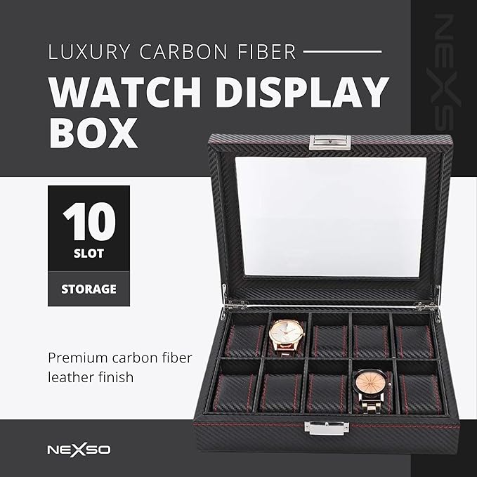 Black Leather 10-Slot Watch Box Organizer for Men – Elegant Rectangular Transitional Design with Removable Cushions, Clear Glass Lid & 51 mm Dial Capacity Display Storage Case