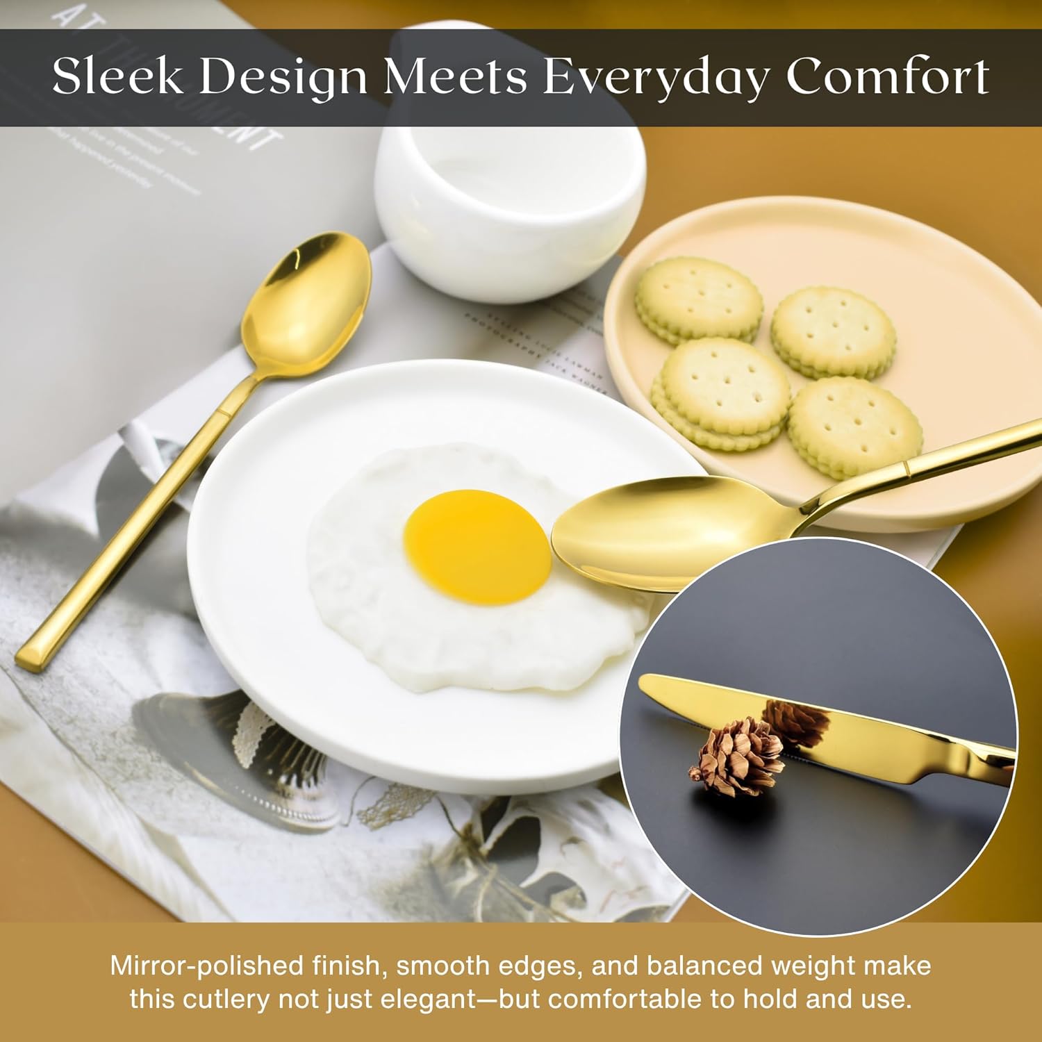 Nexso 30pcs Gold Cutlery Set Stainless Steel Mirror Finish