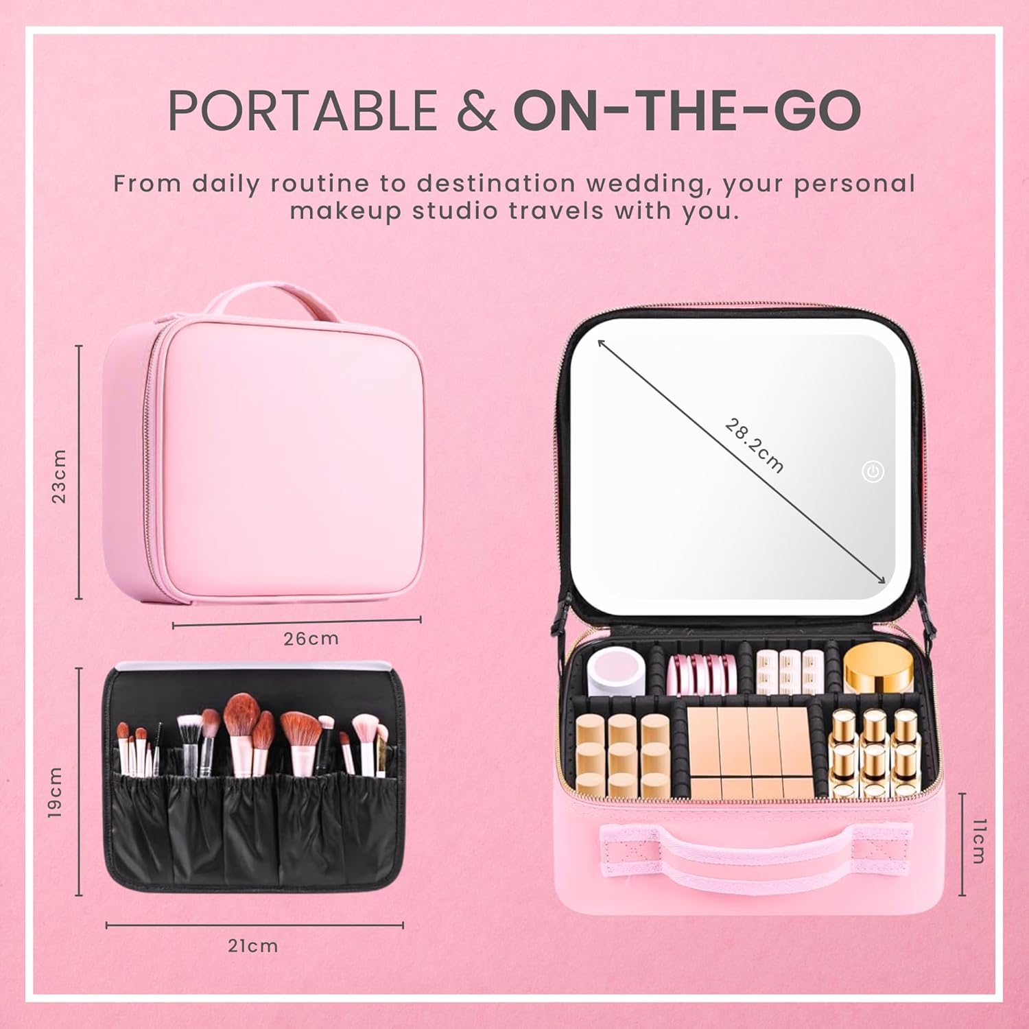NEXSO Pink Makeup Bag – LED Mirror Cosmetic Organizer