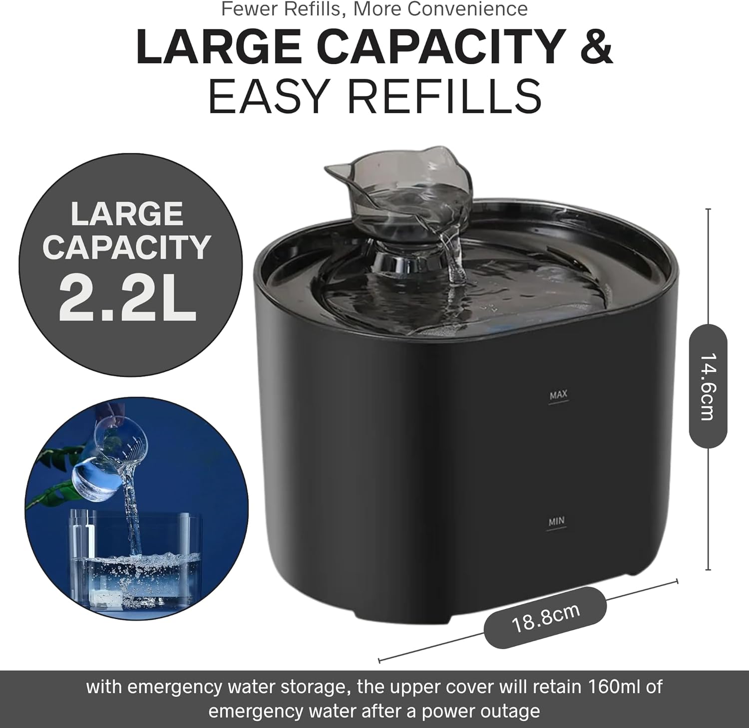 Nexso 2.2L Cat Water Fountain Black Silent 4-Layer Filter