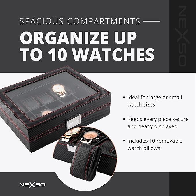 Black Leather 10-Slot Watch Box Organizer for Men – Elegant Rectangular Transitional Design with Removable Cushions, Clear Glass Lid & 51 mm Dial Capacity Display Storage Case