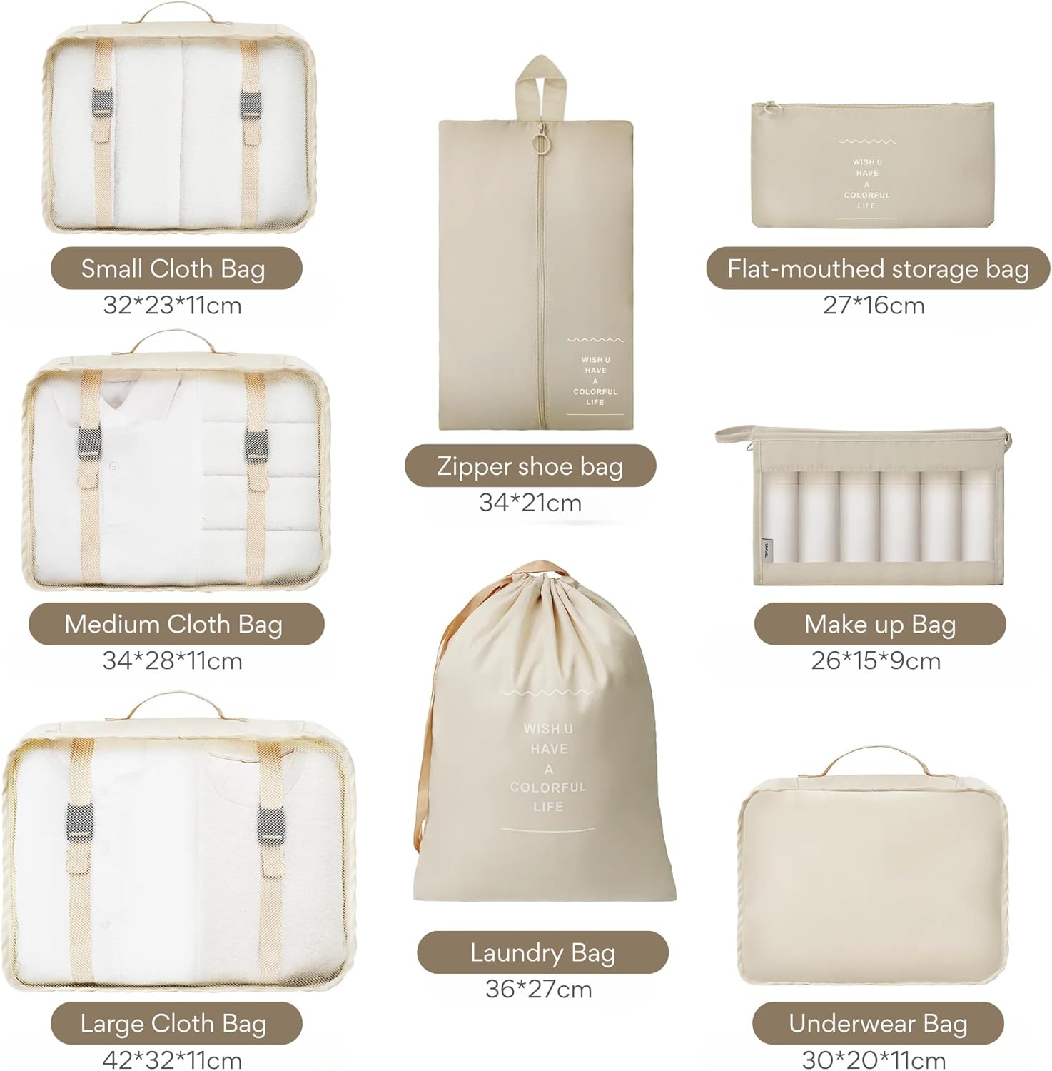 NEXSO Beige Travel Organizer 8-Piece Set – Packing Cubes