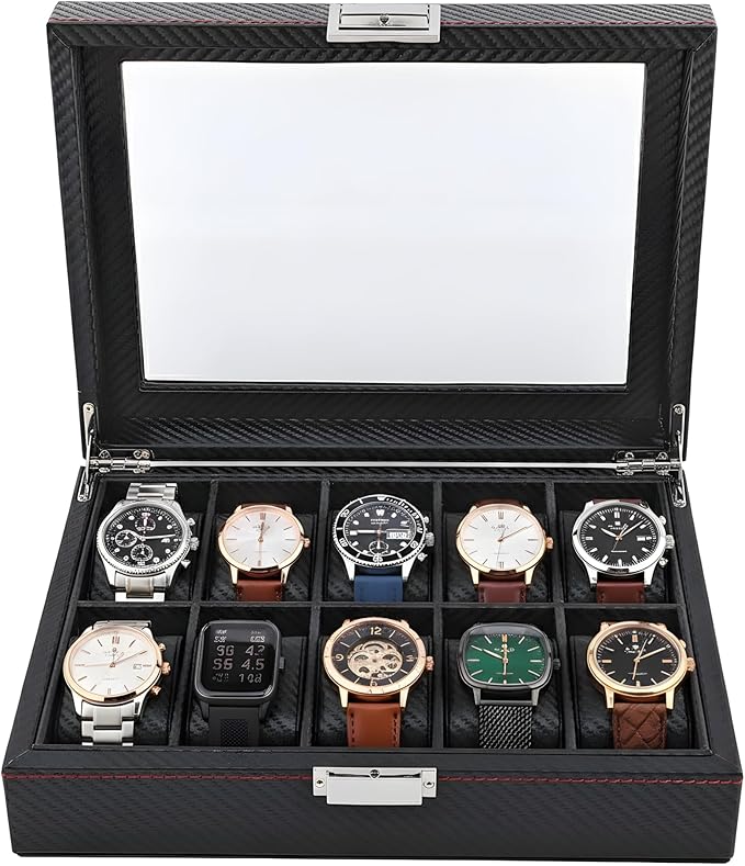 Black Leather 10-Slot Watch Box Organizer for Men – Elegant Rectangular Transitional Design with Removable Cushions, Clear Glass Lid & 51 mm Dial Capacity Display Storage Case