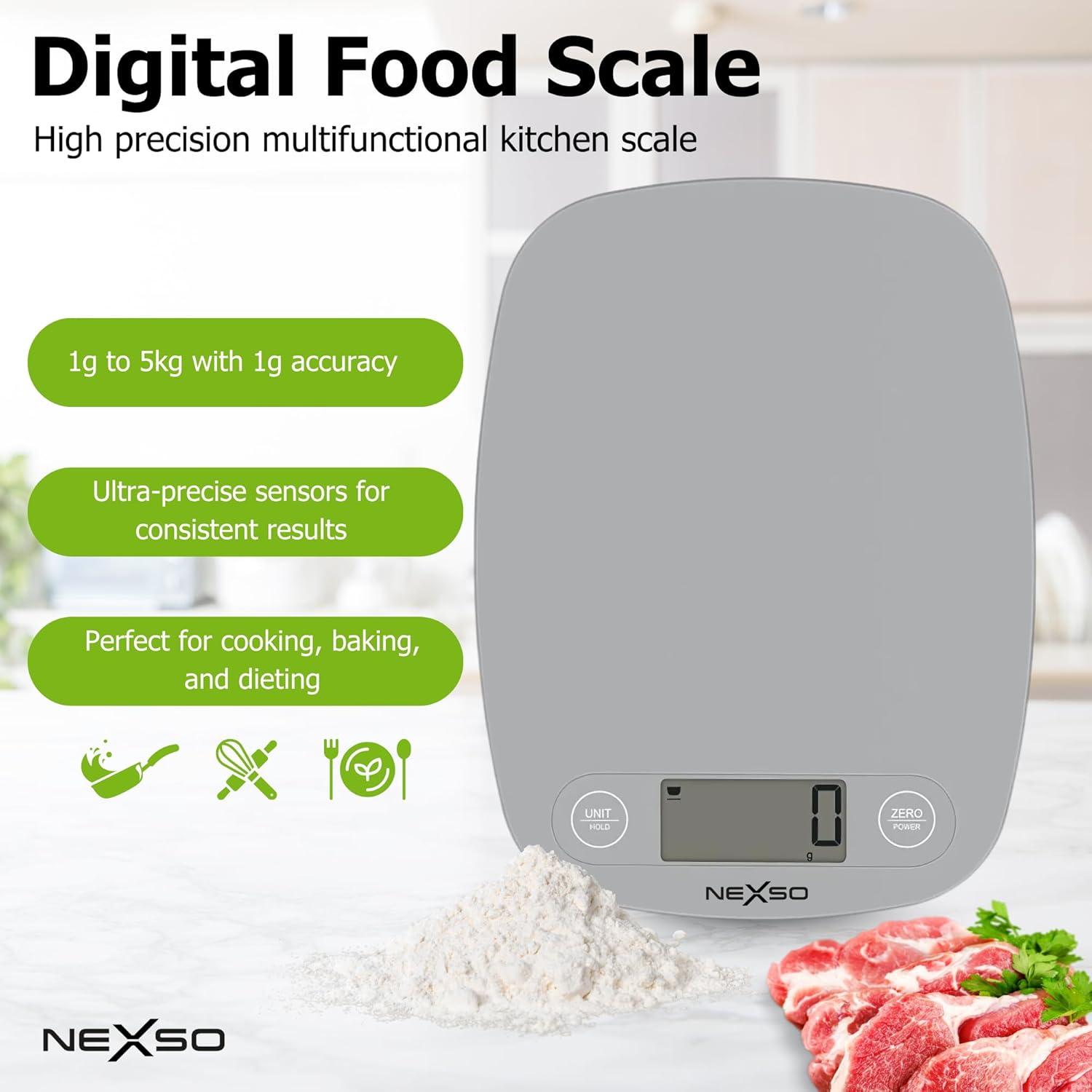 Nexso Digital Food Scale 5kg Stainless Steel LCD Tare
