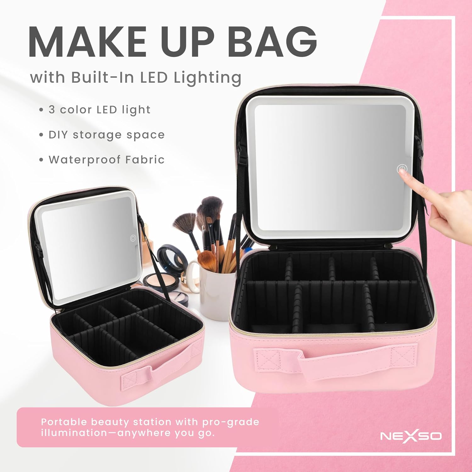 NEXSO Pink Makeup Bag – LED Mirror Cosmetic Organizer