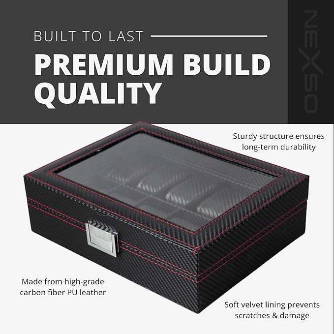 Black Leather 10-Slot Watch Box Organizer for Men – Elegant Rectangular Transitional Design with Removable Cushions, Clear Glass Lid & 51 mm Dial Capacity Display Storage Case