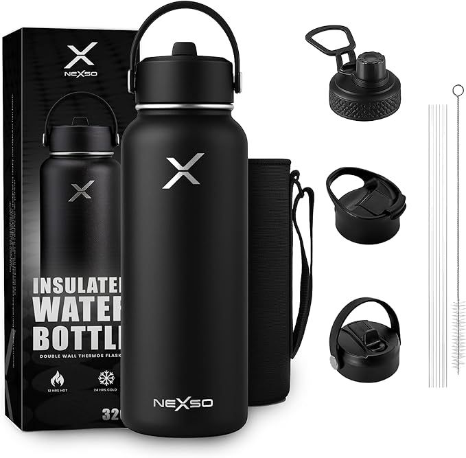 Insulated Stainless Steel Water Bottle 1000ml | Double Wall Thermos with 3 Leak-Proof Lids, Straw Brush & Carrying Bag – Hot & Cold Flask for Gym, Travel, Office & Outdoor Use