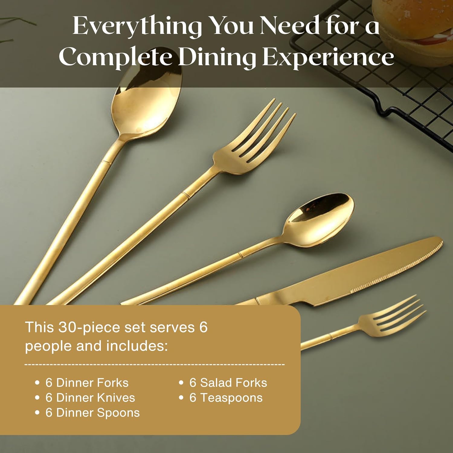 Nexso 30pcs Gold Cutlery Set Stainless Steel Mirror Finish