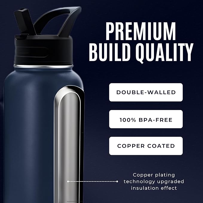 Insulated Stainless Steel Water Bottle 1000ml | Double Wall Thermos with 3 Leak-Proof Lids, Straw Brush & Carrying Bag – Hot & Cold Flask for Gym, Travel, Office & Outdoor Use