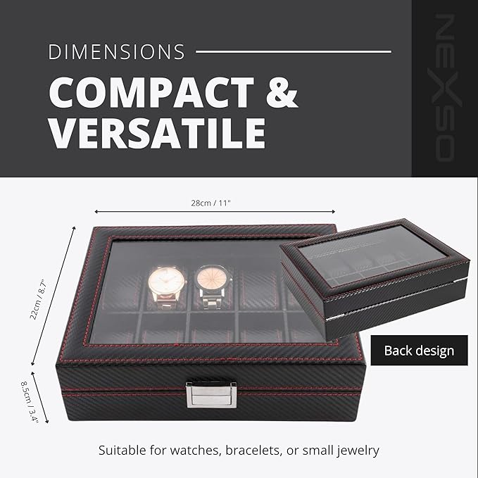 Black Leather 10-Slot Watch Box Organizer for Men – Elegant Rectangular Transitional Design with Removable Cushions, Clear Glass Lid & 51 mm Dial Capacity Display Storage Case