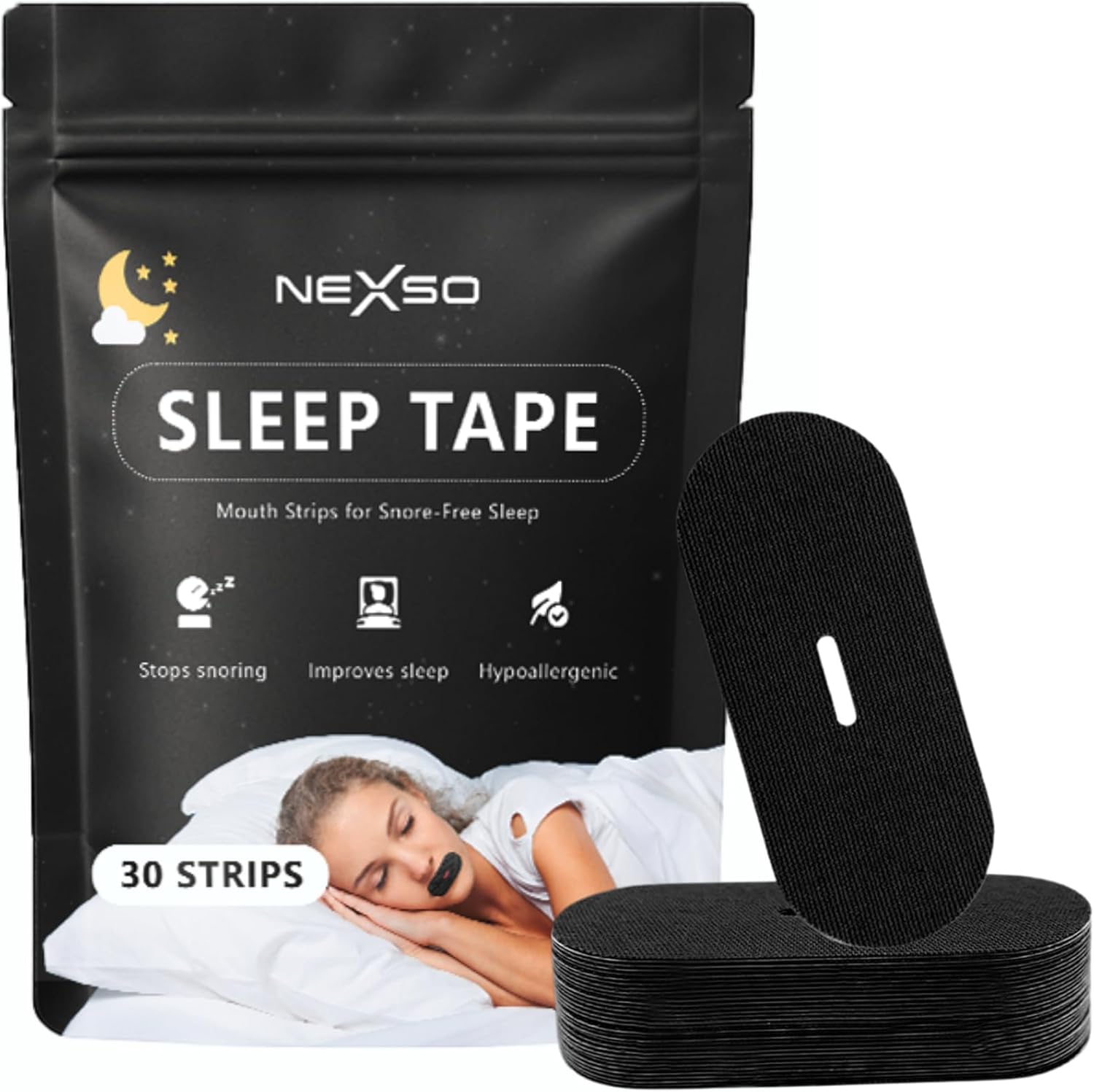 Nexso Black Mouth Tape 30pcs Hypoallergenic Snore Strips
