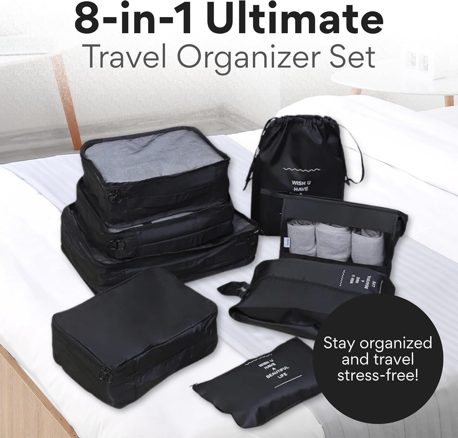 NEXSO Black Travel Organizer 8-Piece Set – Packing Cubes