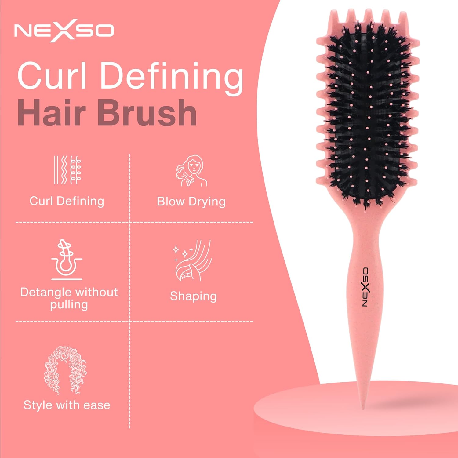 Nexso Curl Defining Hair Brush – Heat-Resistant, Pink