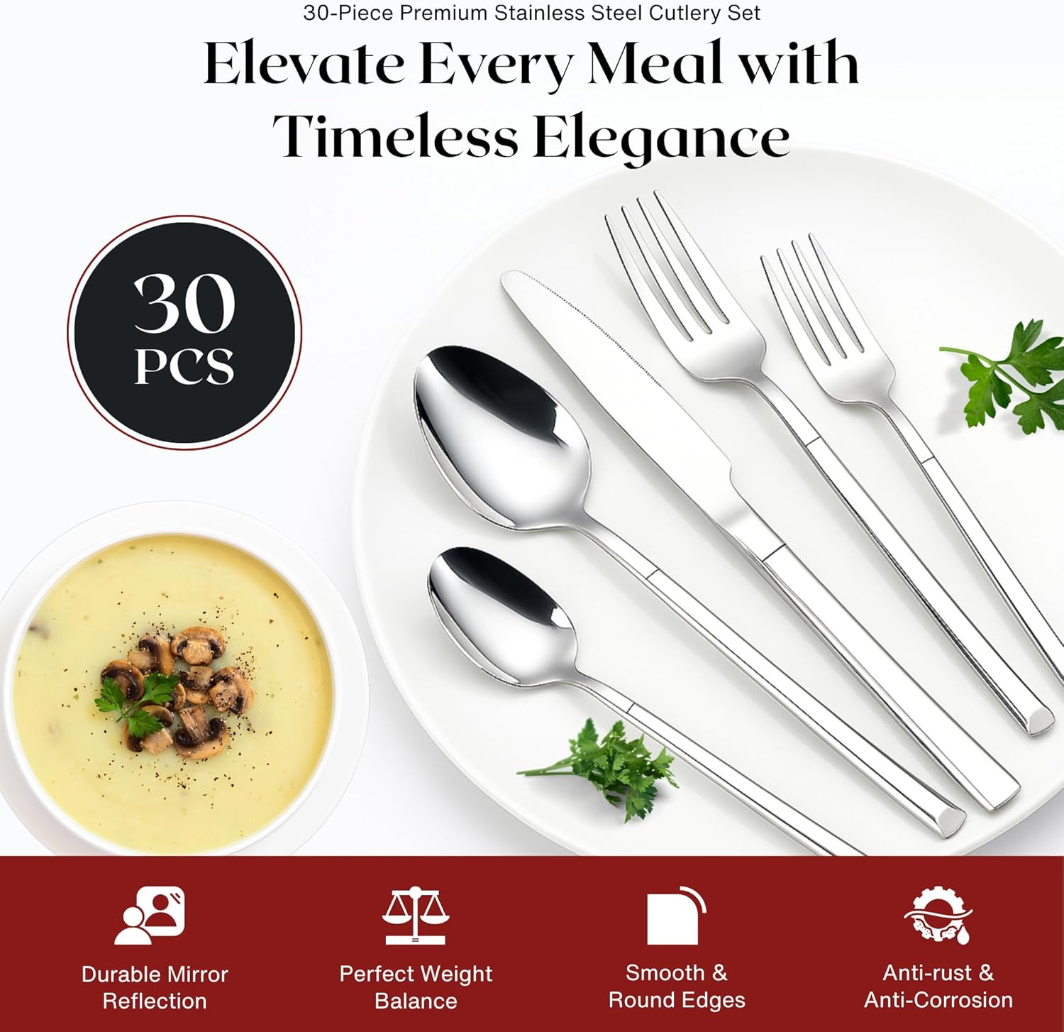 Nexso 30pcs Silver Cutlery Set Stainless Steel Mirror
