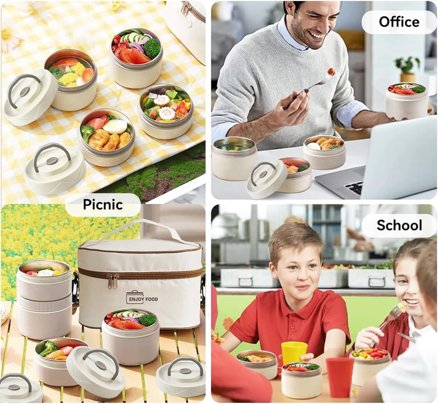 TDOO Microwavable Thermal Lunch Box, Portable Insulated Lunch Containers With Bag, Leakproof Stackable Stainless Steel Food Container For Adults, Kids, Set of 3 Tier Insulated Bento Boxes (beige-c-ae)