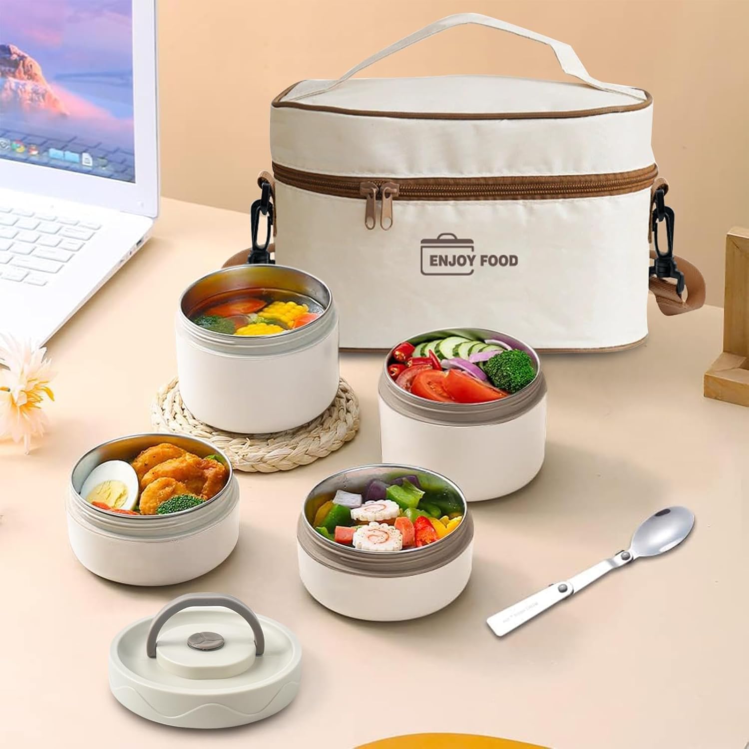 TDOO Microwavable Thermal Lunch Box, Portable Insulated Lunch Containers With Bag, Leakproof Stackable Stainless Steel Food Container For Adults, Kids, Set of 3 Tier Insulated Bento Boxes (beige-c-ae)