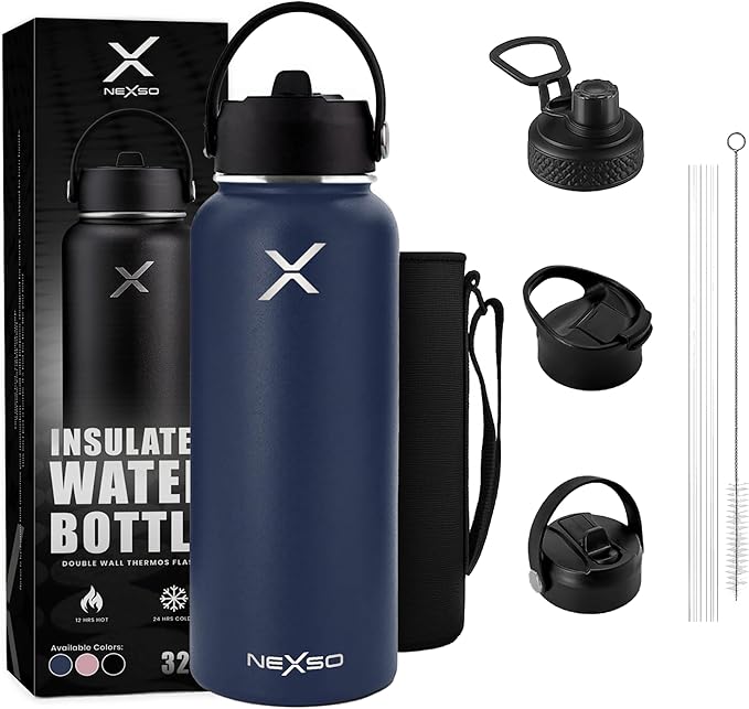 Insulated Stainless Steel Water Bottle 1000ml | Double Wall Thermos with 3 Leak-Proof Lids, Straw Brush & Carrying Bag – Hot & Cold Flask for Gym, Travel, Office & Outdoor Use