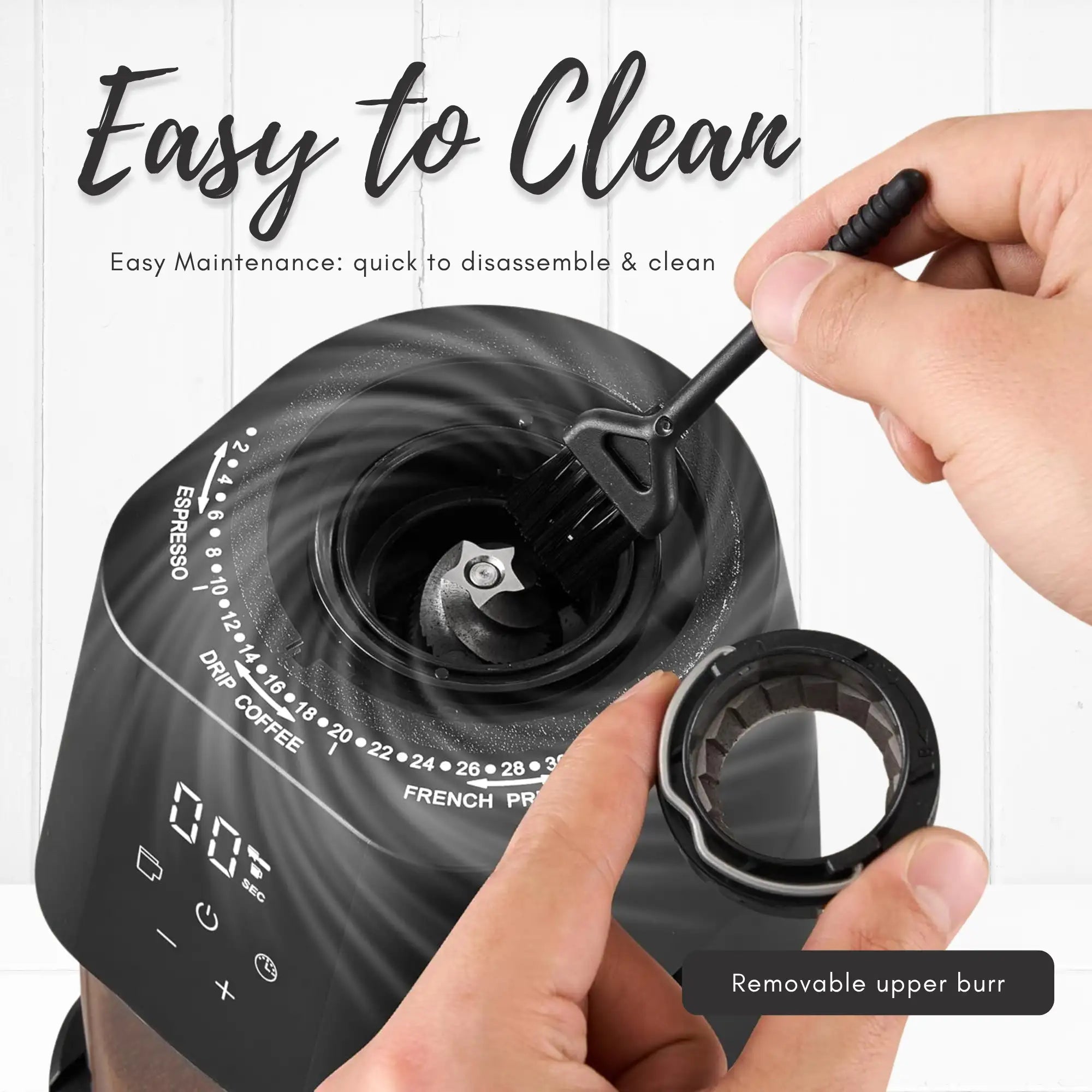 Electric Coffee Grinder – 150W motor, 11 grind settings, 130g capacity, stainless steel blades.