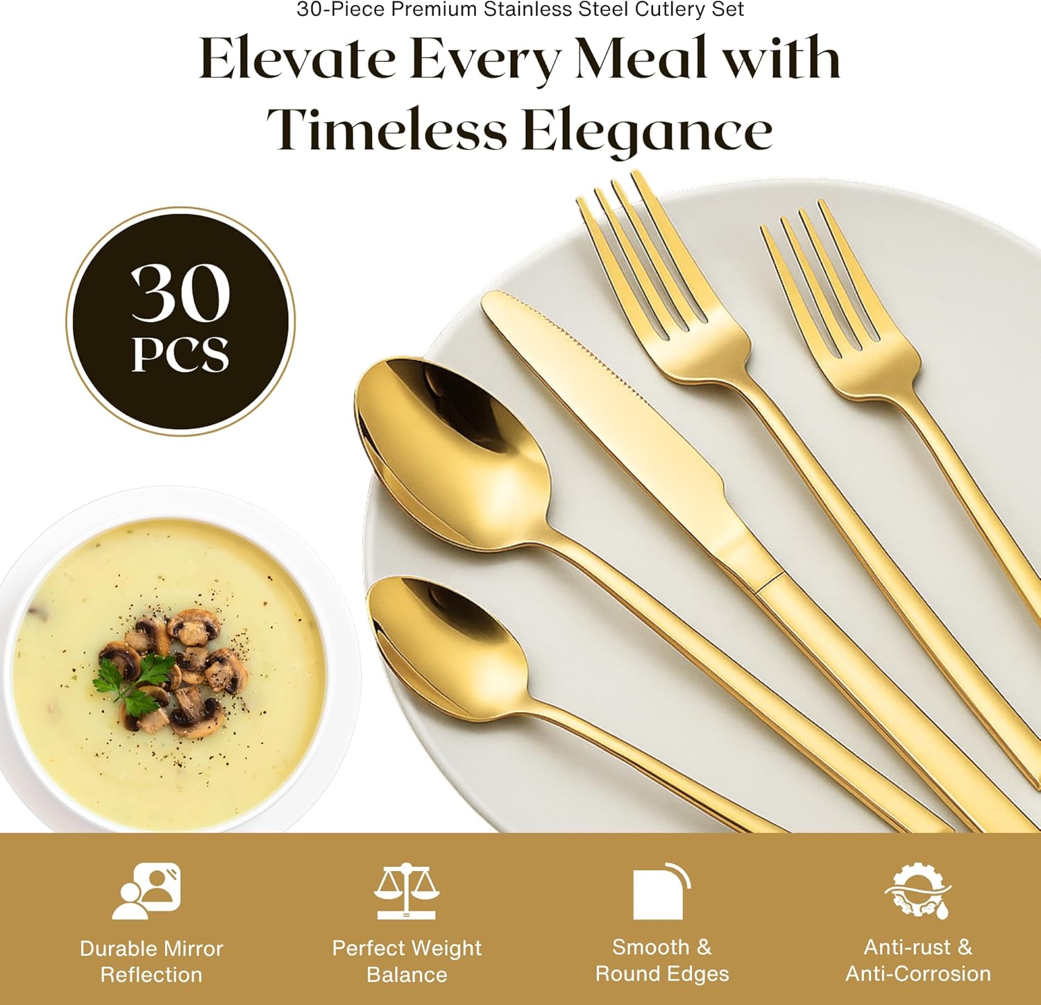 Nexso 30pcs Gold Cutlery Set Stainless Steel Mirror Finish
