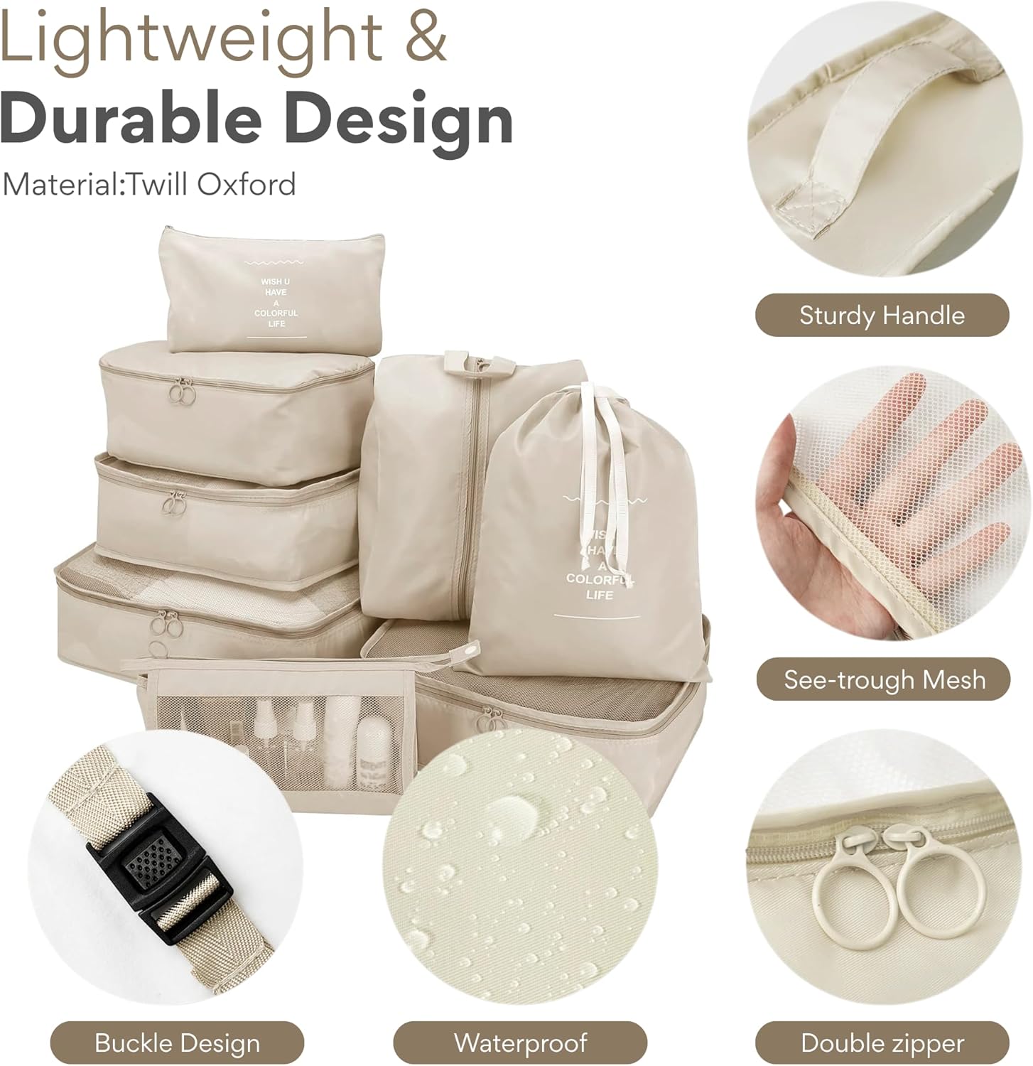 NEXSO Beige Travel Organizer 8-Piece Set – Packing Cubes