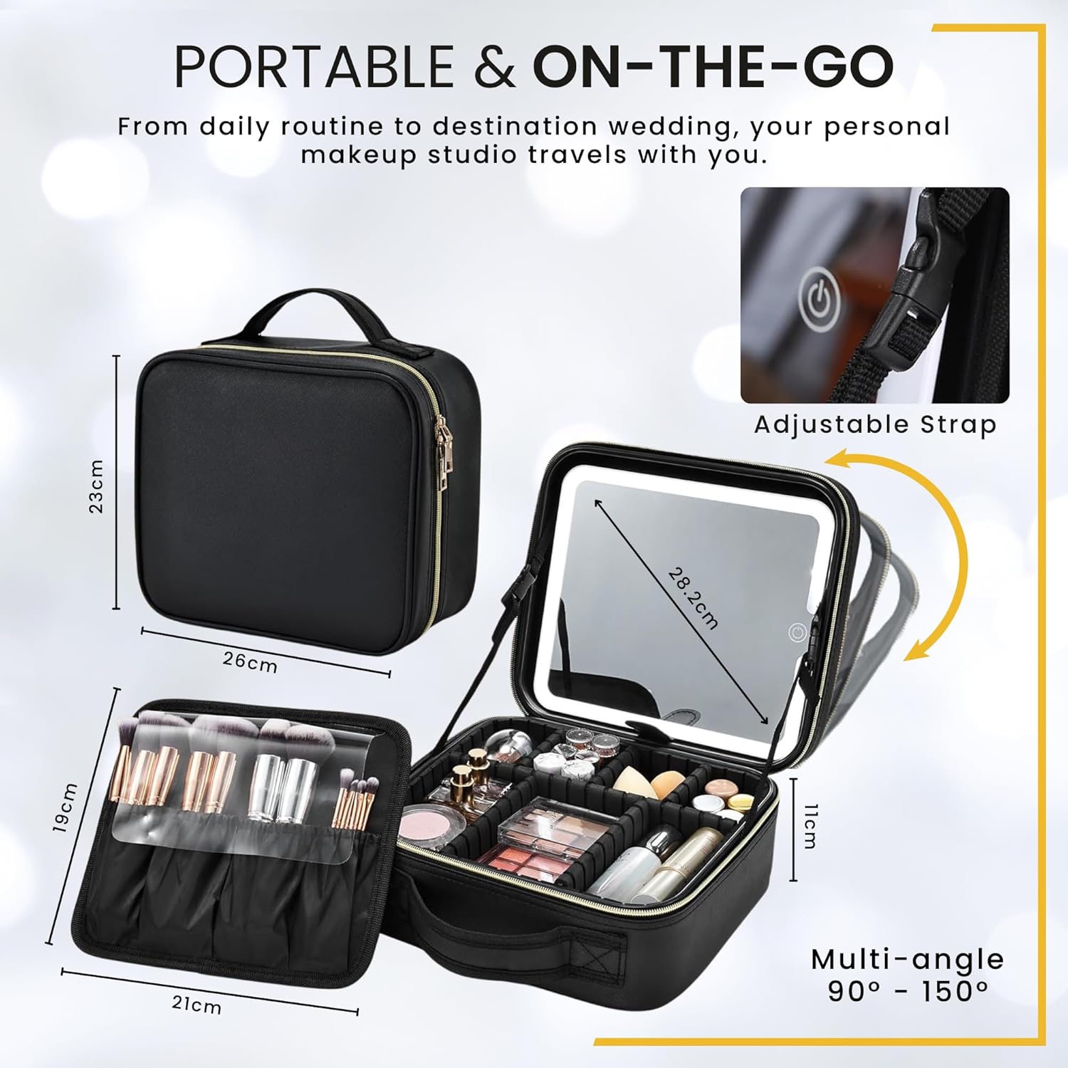 NEXSO Black Makeup Bag – LED Mirror Cosmetic Organizer