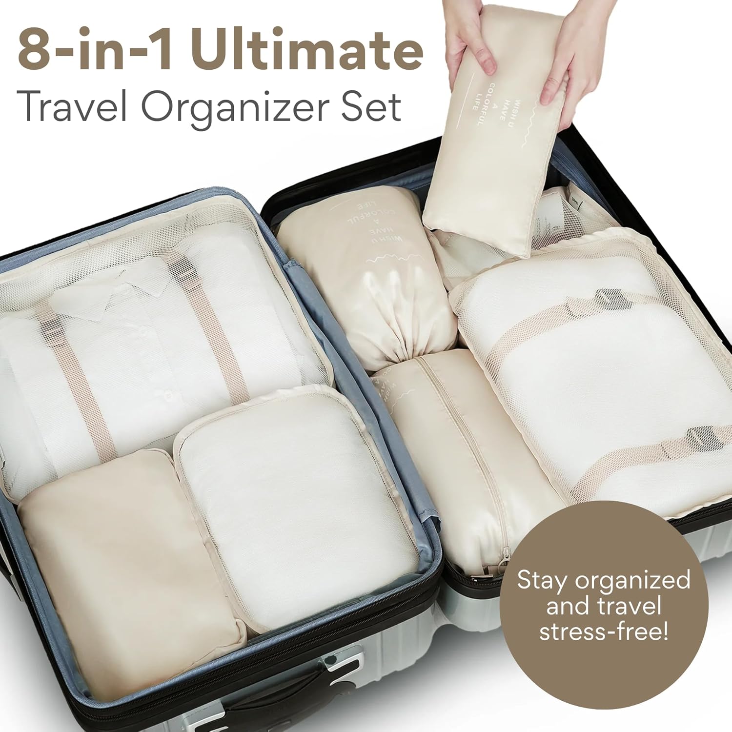 NEXSO Beige Travel Organizer 8-Piece Set – Packing Cubes