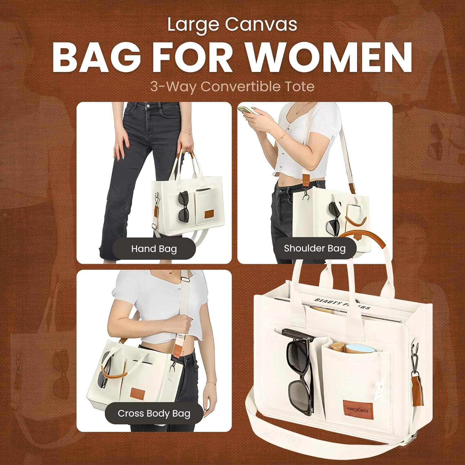 NEXSO Women’s Canvas Handbag – Beige Tote Shoulder Bag