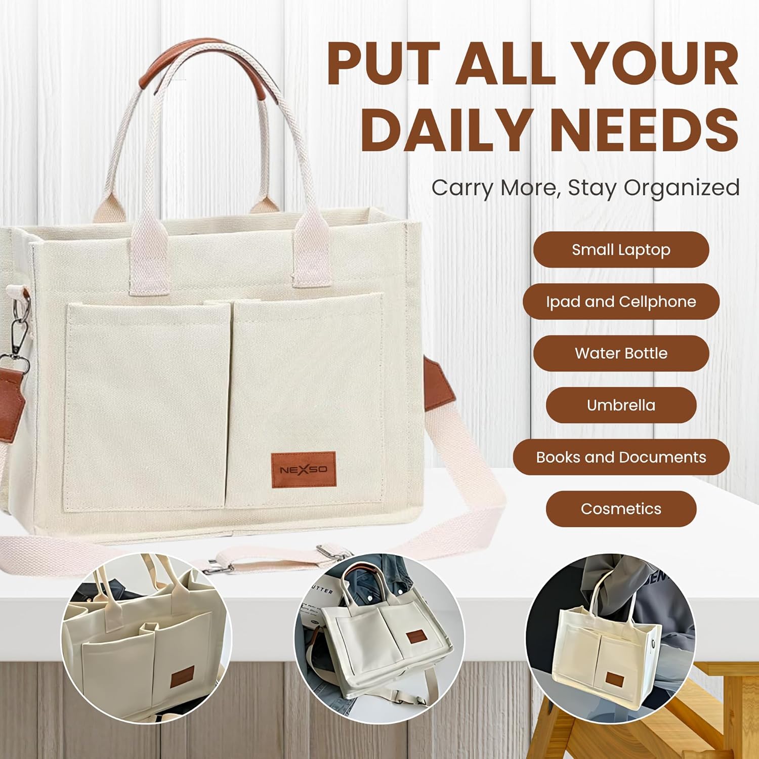 NEXSO Women’s Canvas Handbag – Beige Tote Shoulder Bag