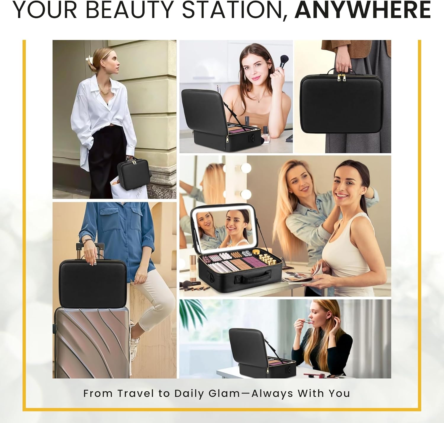 NEXSO Black Makeup Bag – LED Mirror Cosmetic Organizer