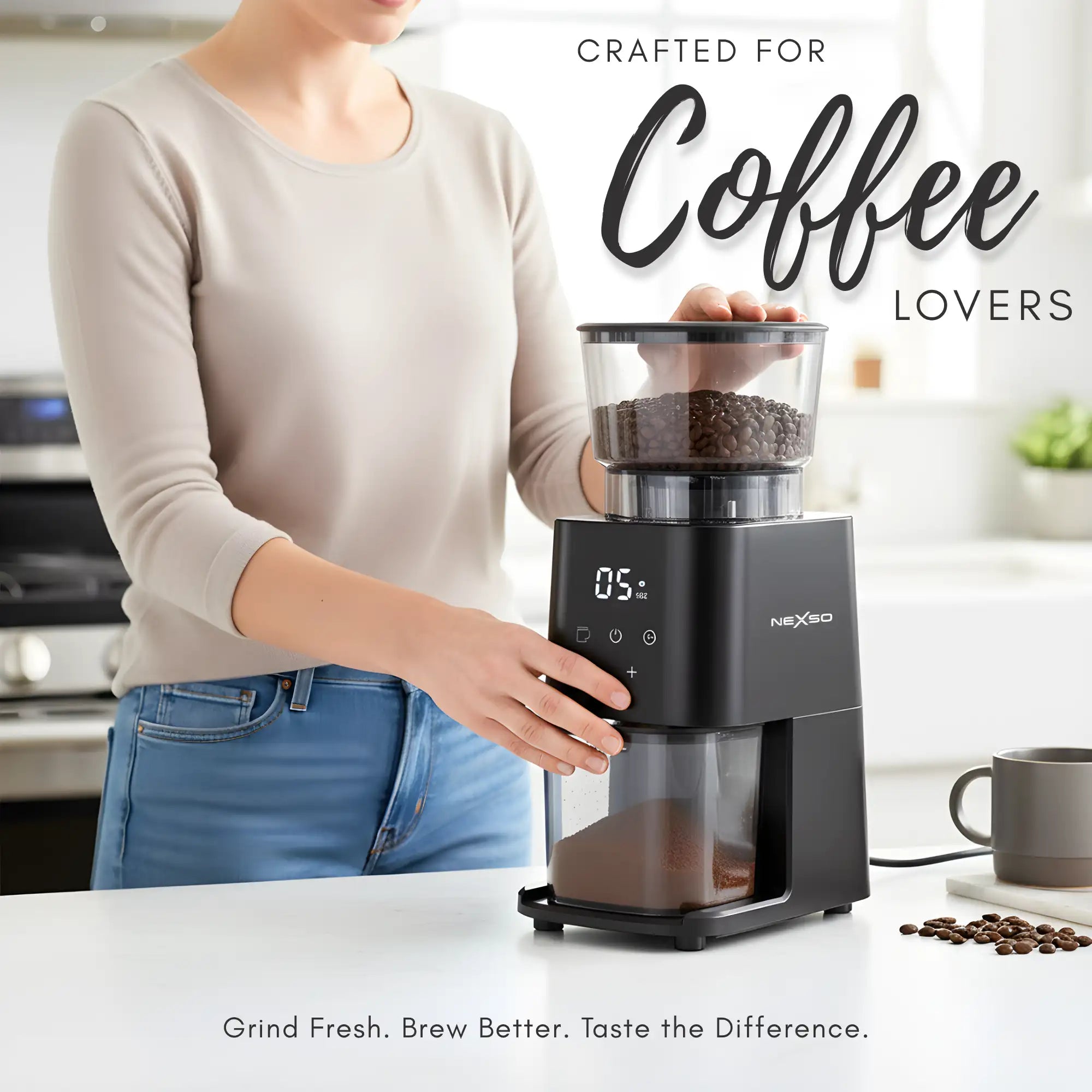 Electric Coffee Grinder – 150W motor, 11 grind settings, 130g capacity, stainless steel blades.