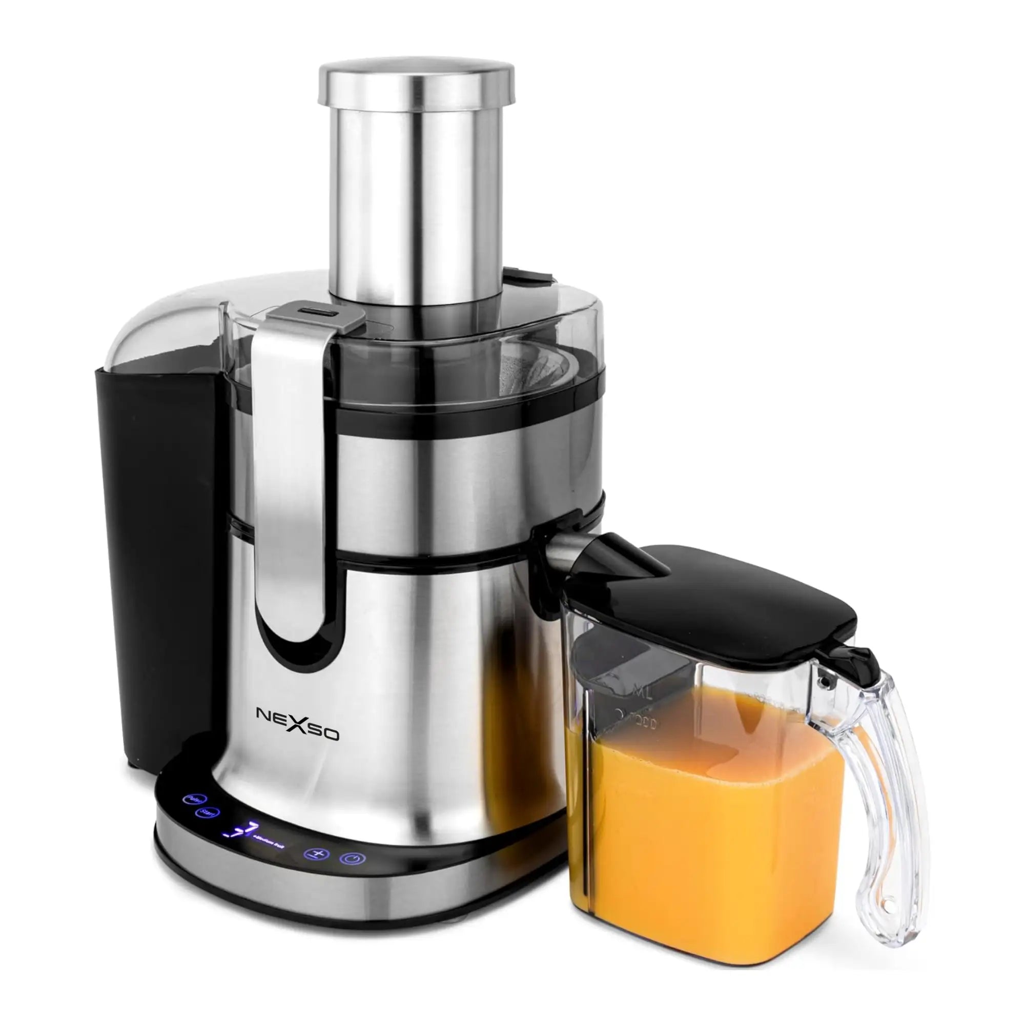 Juicer Machine – 870W power, 5-speed touch control, 75mm wide feed tube, anti-drip design, 1L juice jug, 2L pulp container, stainless steel blades.