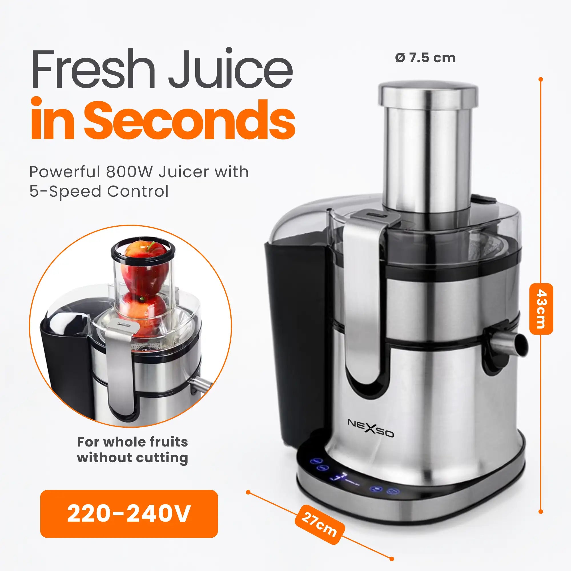 Juicer Machine – 870W power, 5-speed touch control, 75mm wide feed tube, anti-drip design, 1L juice jug, 2L pulp container, stainless steel blades.