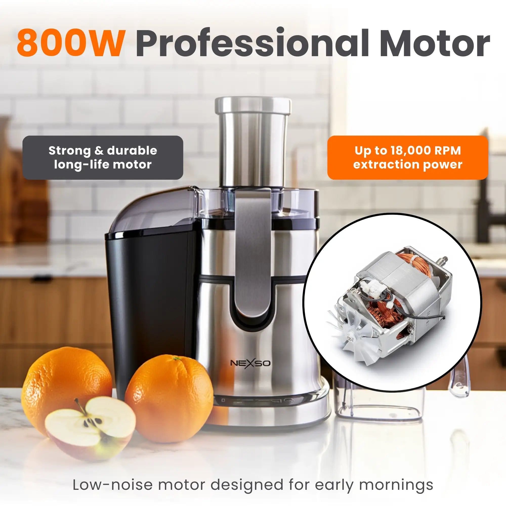 Juicer Machine – 870W power, 5-speed touch control, 75mm wide feed tube, anti-drip design, 1L juice jug, 2L pulp container, stainless steel blades.