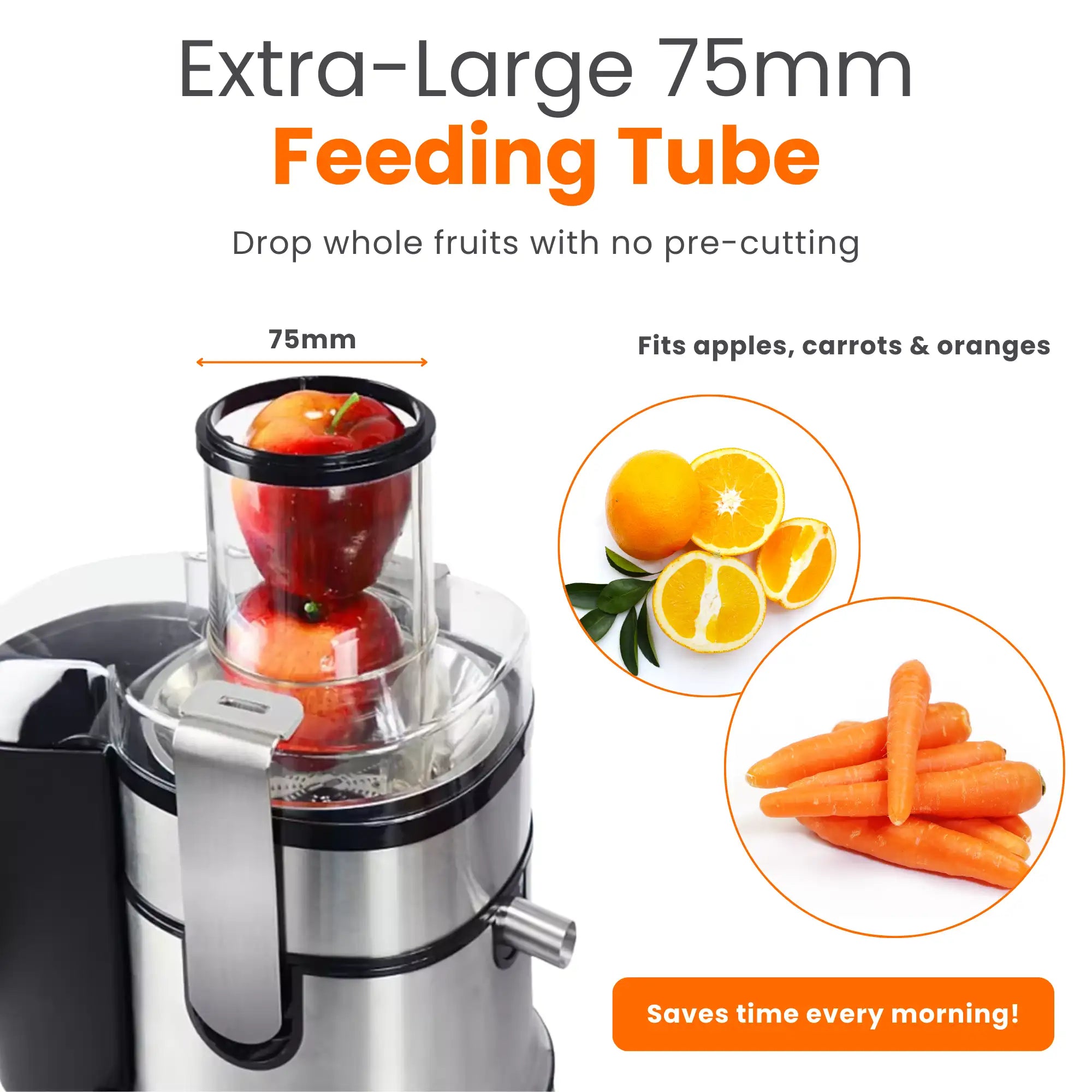 Juicer Machine – 870W power, 5-speed touch control, 75mm wide feed tube, anti-drip design, 1L juice jug, 2L pulp container, stainless steel blades.